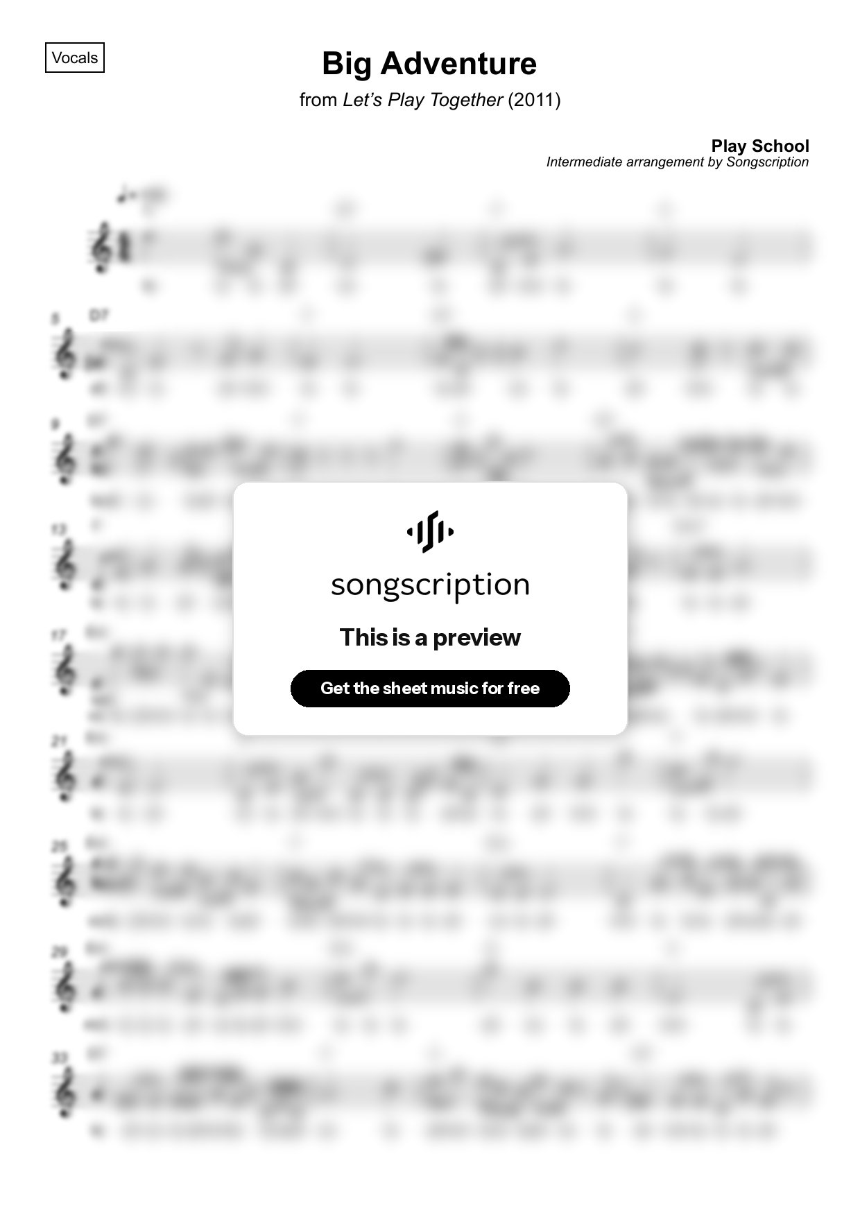 Intermediate Vocals Sheet Music for "Big Adventure" by Play School
