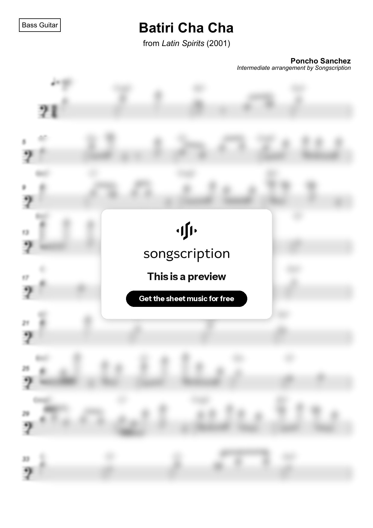 Intermediate Bass Guitar Sheet Music for "Batiri Cha Cha" by Poncho Sanchez
