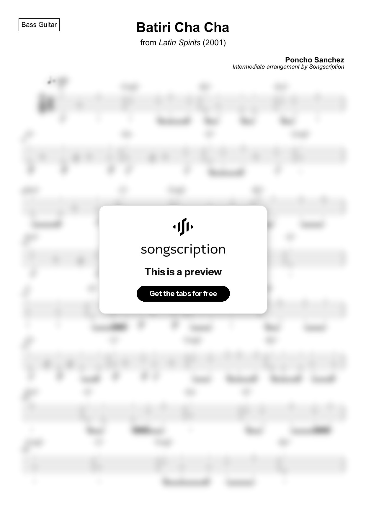 Intermediate Bass Guitar Tabs for "Batiri Cha Cha" by Poncho Sanchez