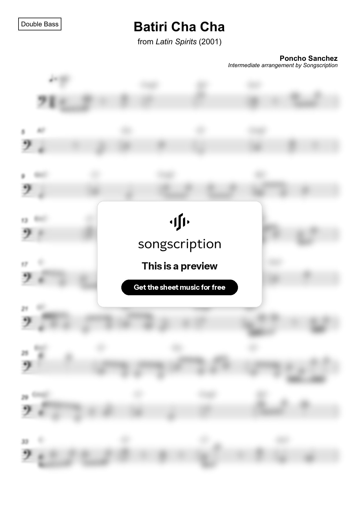 Intermediate Double Bass Sheet Music for "Batiri Cha Cha" by Poncho Sanchez