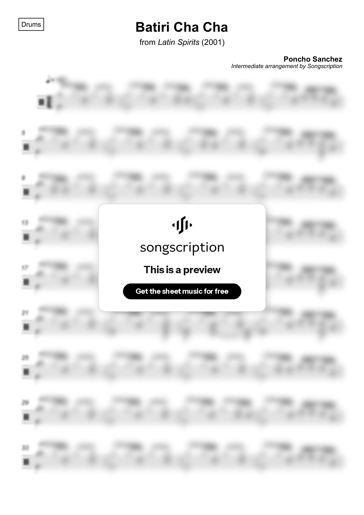 Intermediate Drums Sheet Music for "Batiri Cha Cha" by Poncho Sanchez