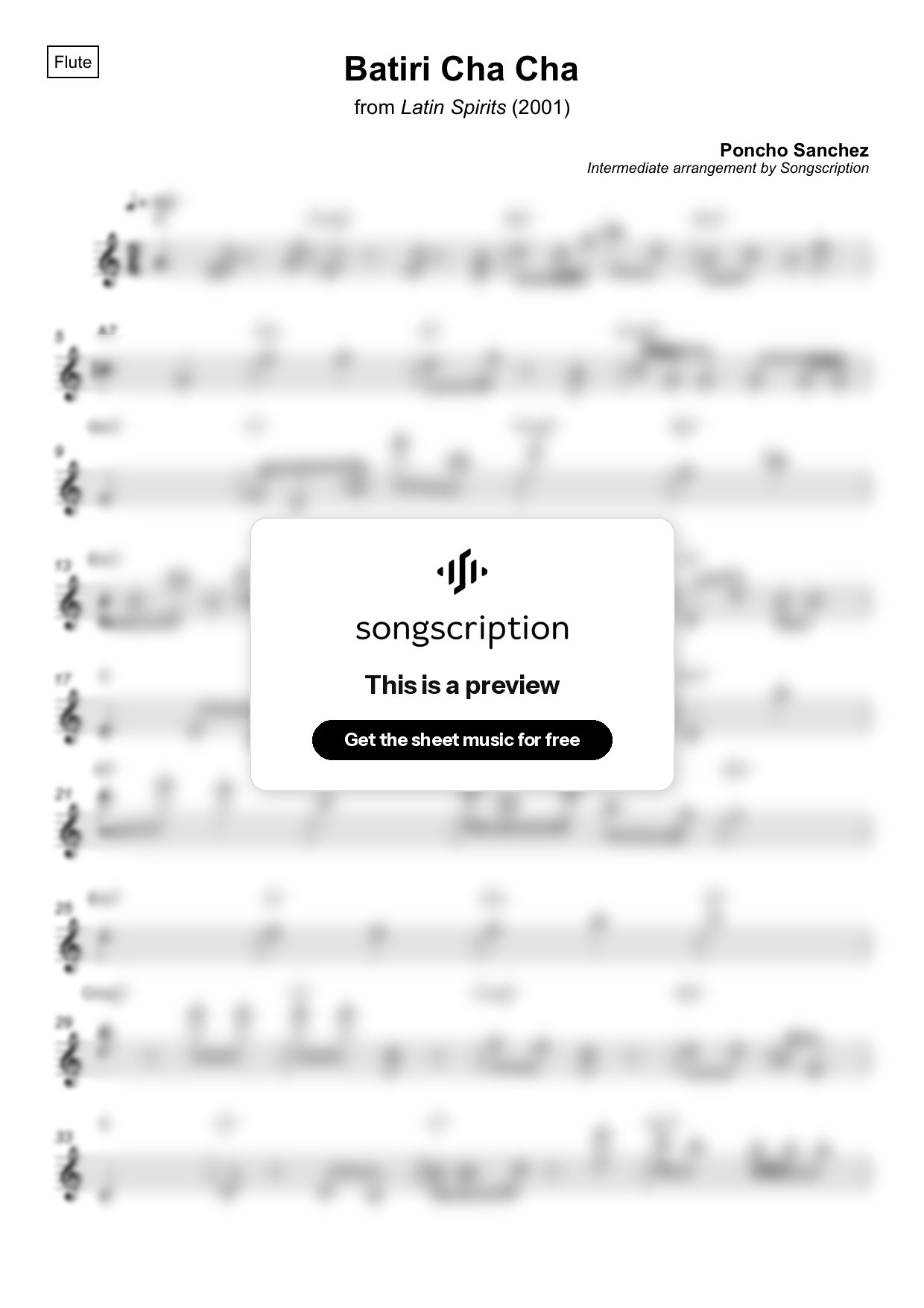 Intermediate Flute Sheet Music for "Batiri Cha Cha" by Poncho Sanchez