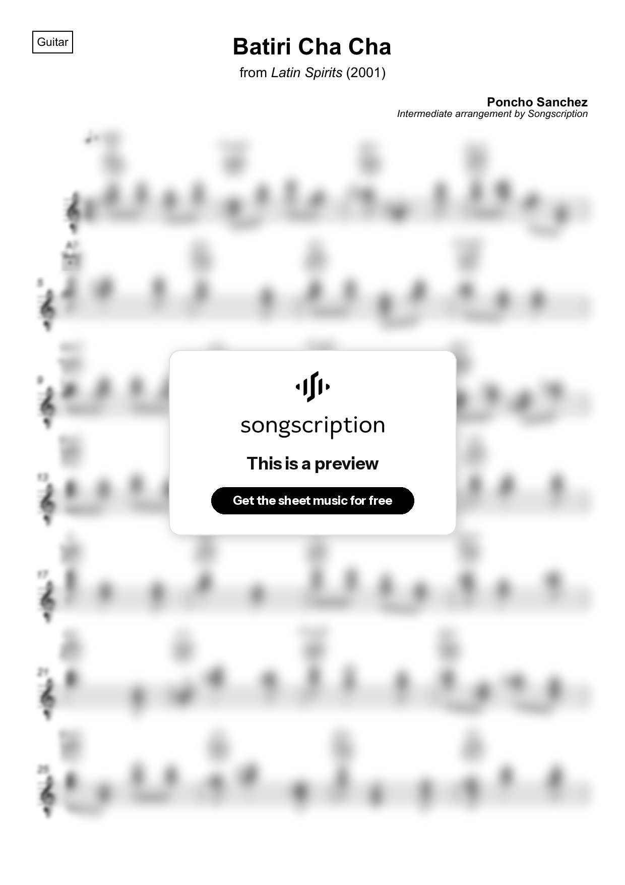 Intermediate Acoustic Guitar Sheet Music for "Batiri Cha Cha" by Poncho Sanchez