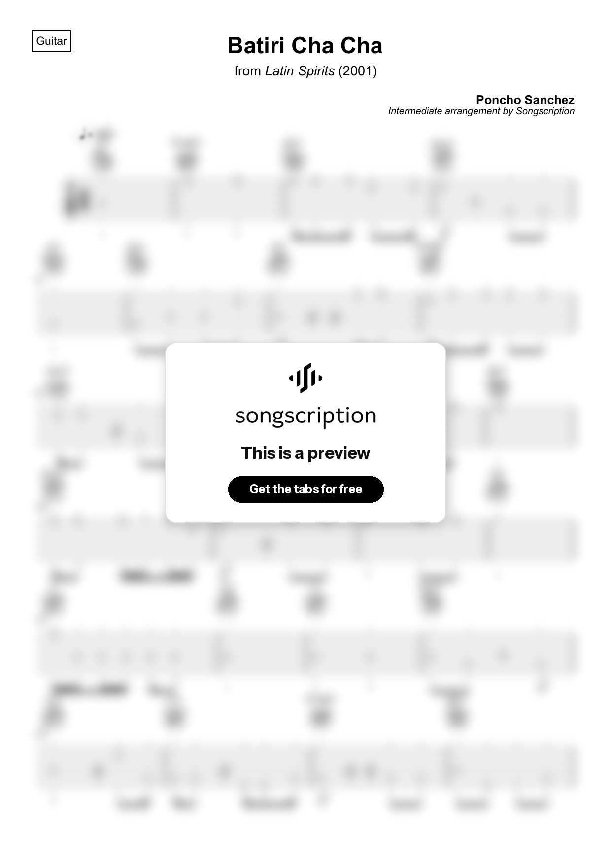 Intermediate Acoustic Guitar Tabs for "Batiri Cha Cha" by Poncho Sanchez