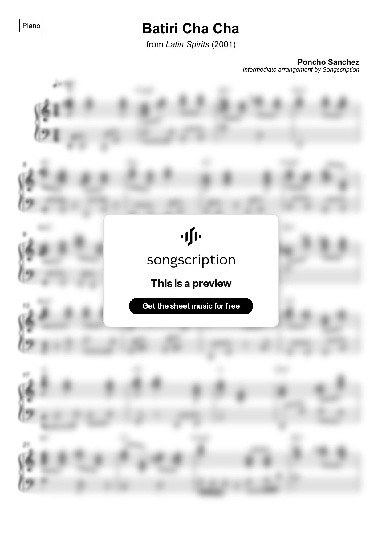Intermediate Piano Sheet Music for "Batiri Cha Cha" by Poncho Sanchez