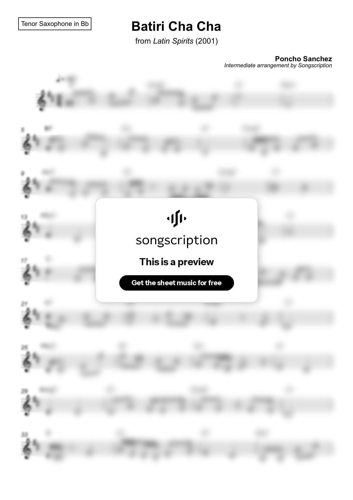 Intermediate Tenor Sax Sheet Music for "Batiri Cha Cha" by Poncho Sanchez