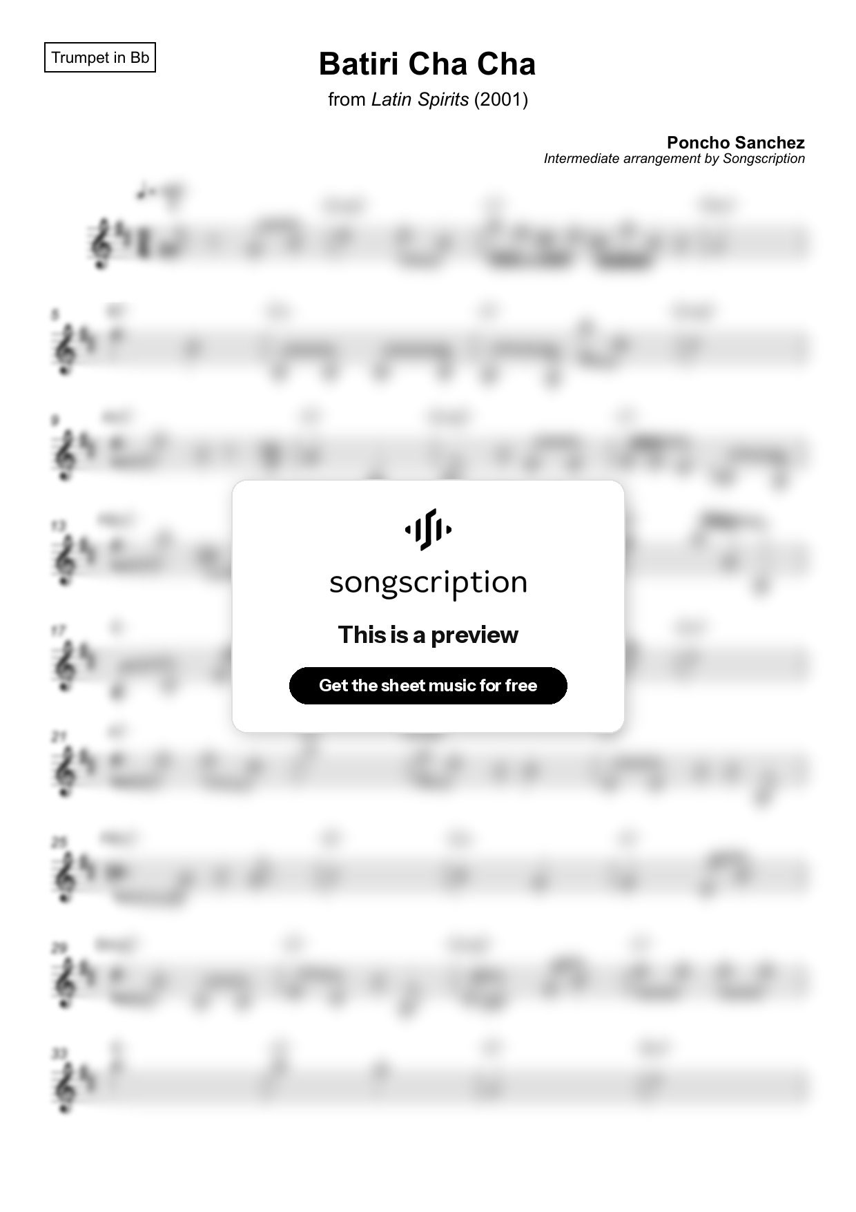 Intermediate Trumpet Sheet Music for "Batiri Cha Cha" by Poncho Sanchez