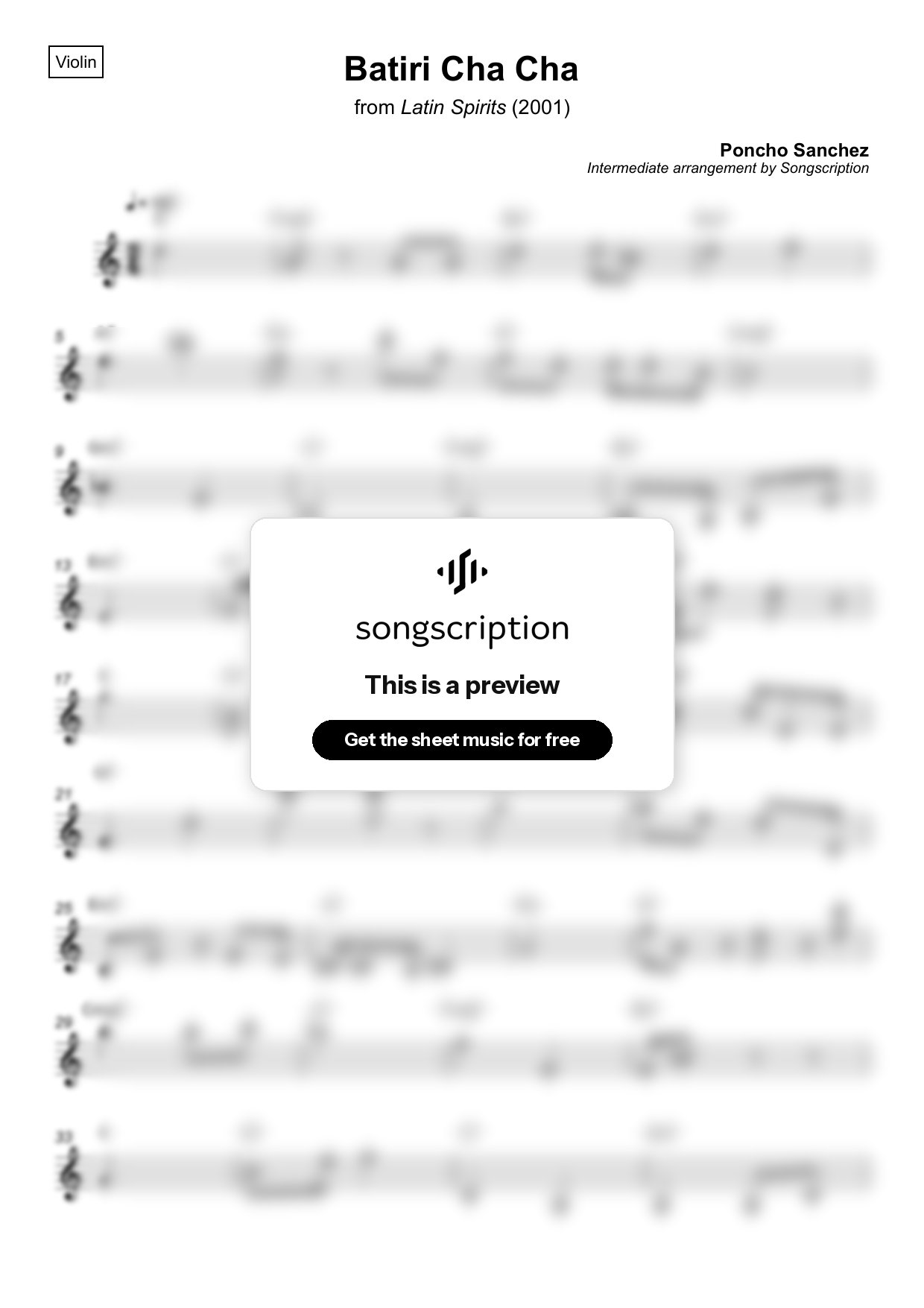 Intermediate Violin Sheet Music for "Batiri Cha Cha" by Poncho Sanchez