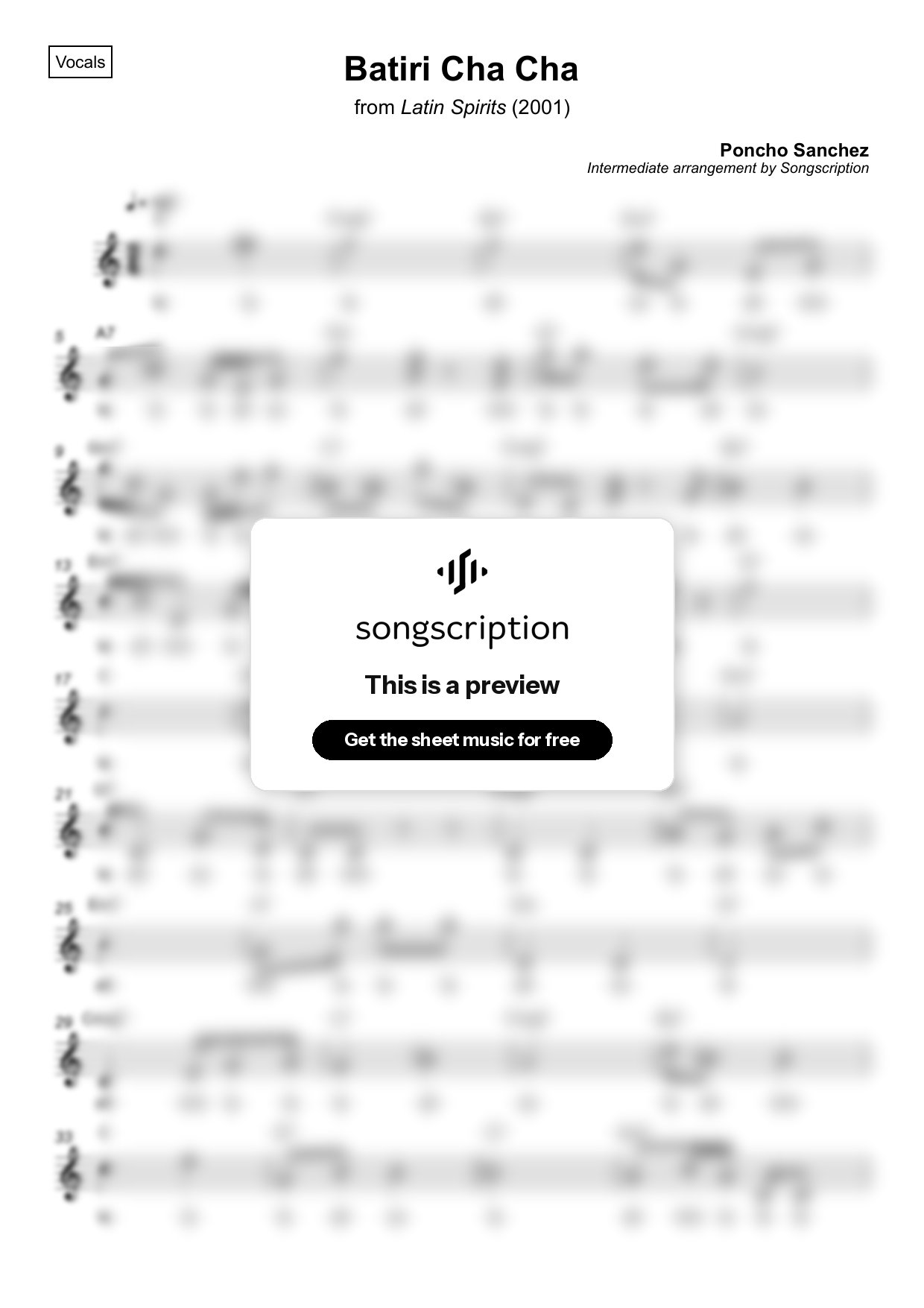 Intermediate Vocals Sheet Music for "Batiri Cha Cha" by Poncho Sanchez