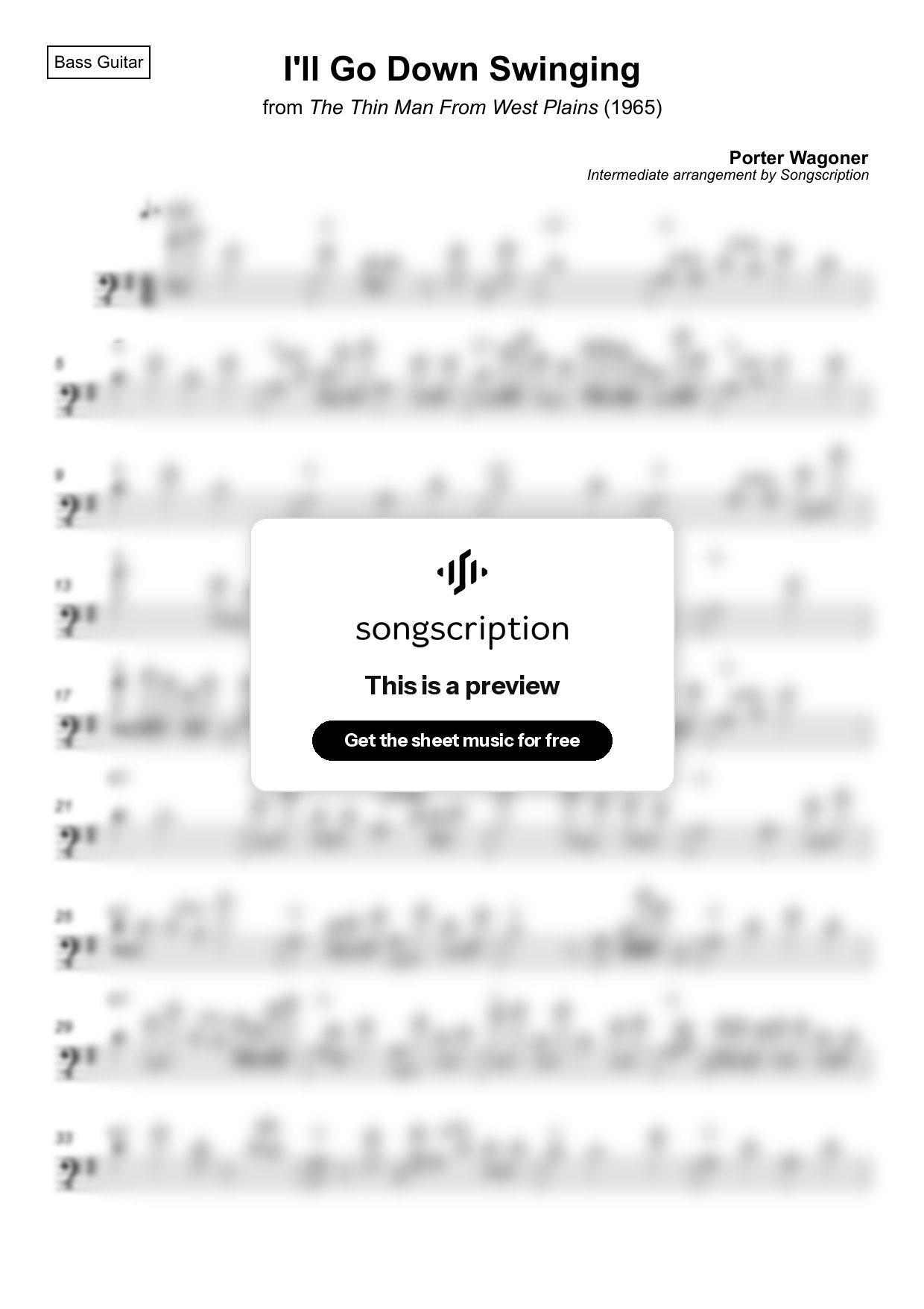Intermediate Bass Guitar Sheet Music for "I'll Go Down Swinging" by Porter Wagoner