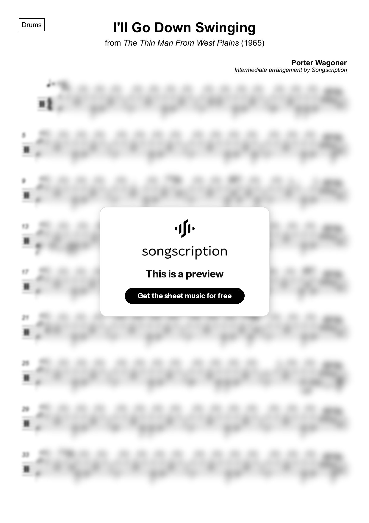Intermediate Drums Sheet Music for "I'll Go Down Swinging" by Porter Wagoner