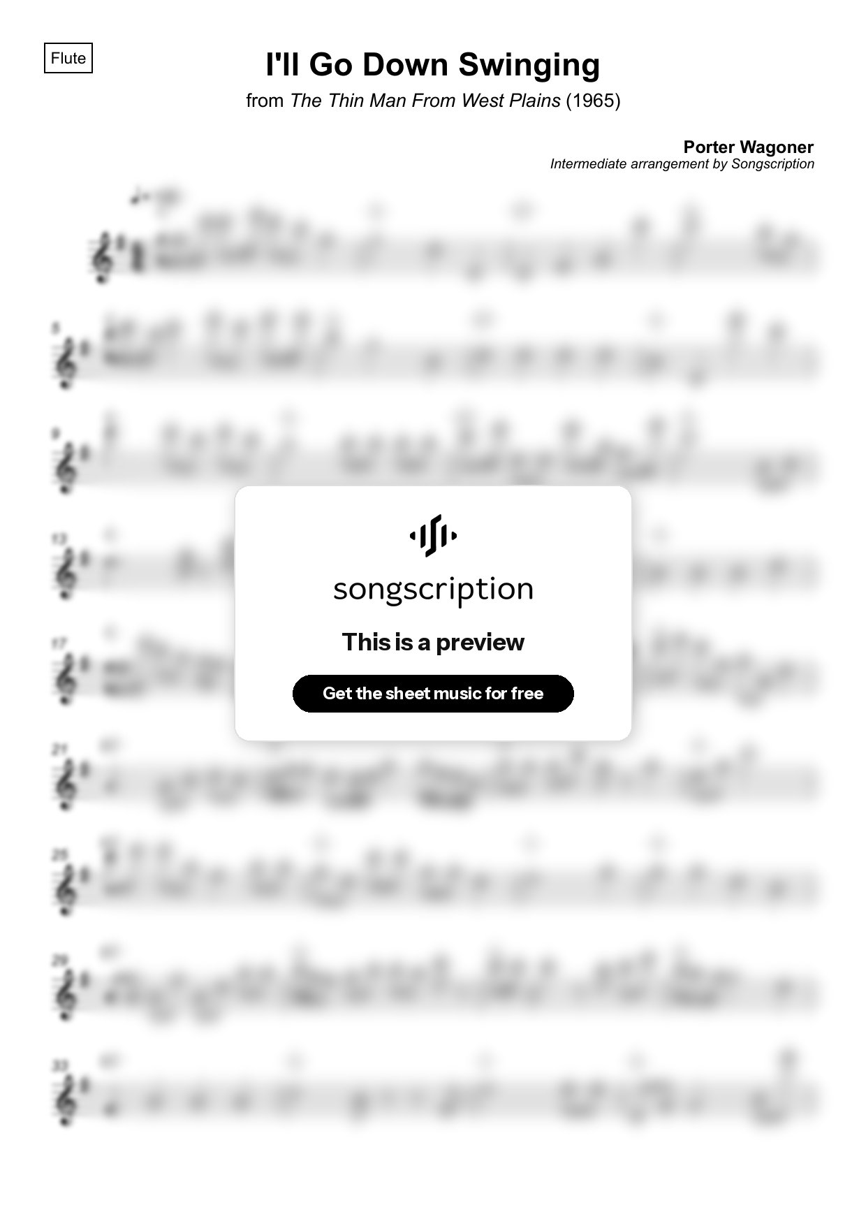 Intermediate Flute Sheet Music for "I'll Go Down Swinging" by Porter Wagoner