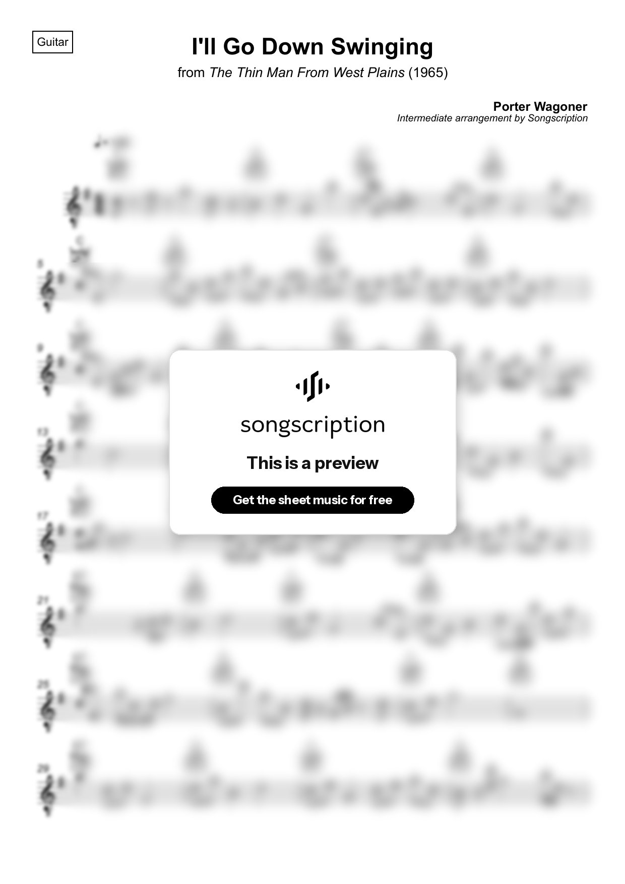 Intermediate Acoustic Guitar Sheet Music for "I'll Go Down Swinging" by Porter Wagoner