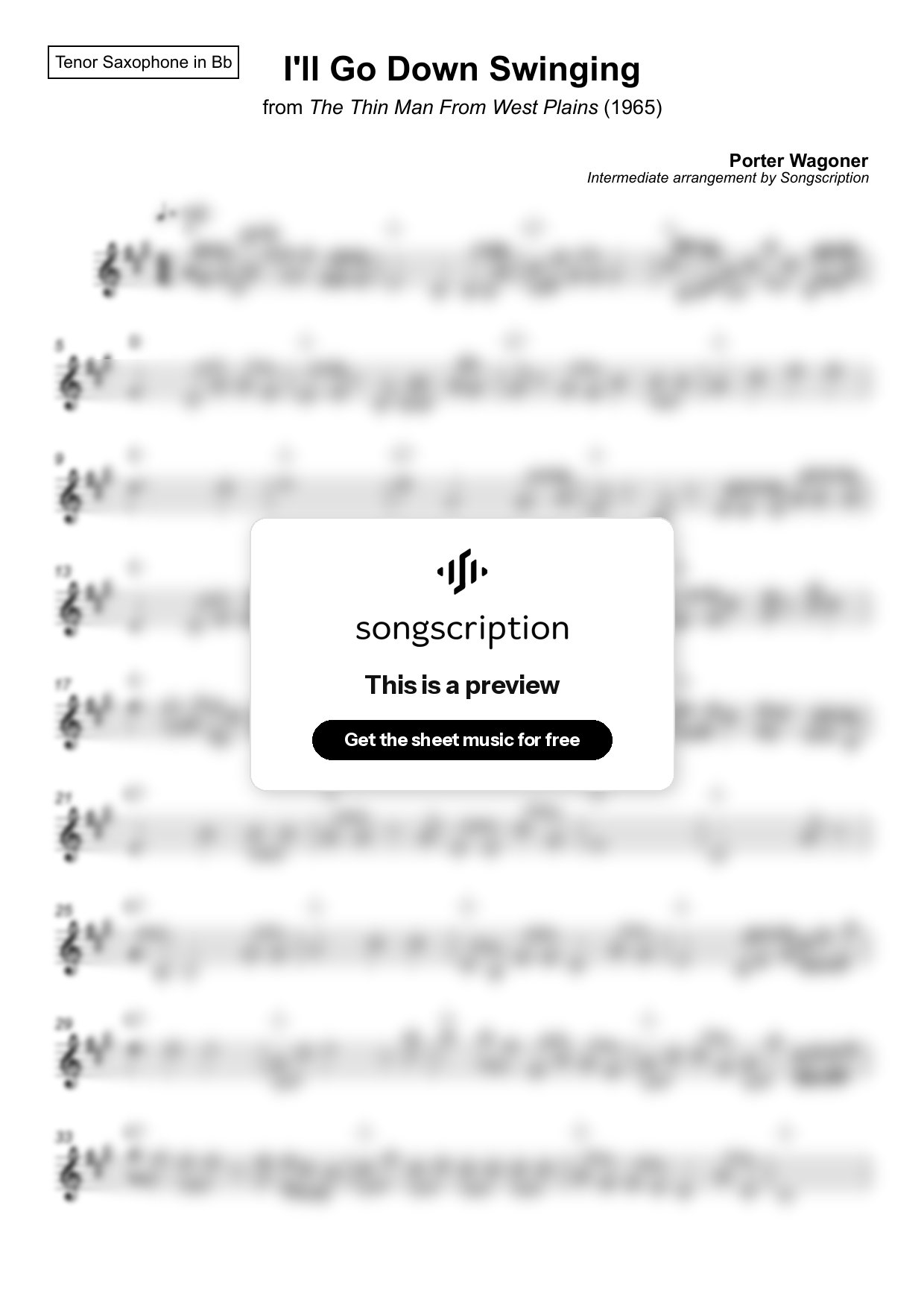 Intermediate Tenor Sax Sheet Music for "I'll Go Down Swinging" by Porter Wagoner