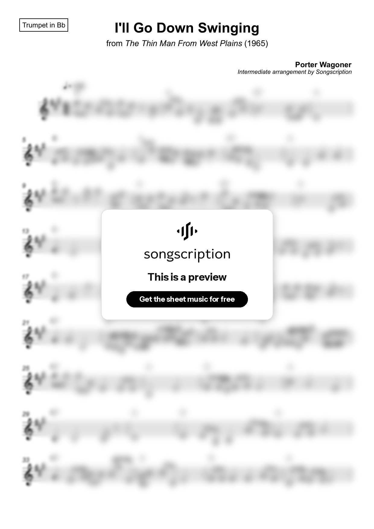Intermediate Trumpet Sheet Music for "I'll Go Down Swinging" by Porter Wagoner