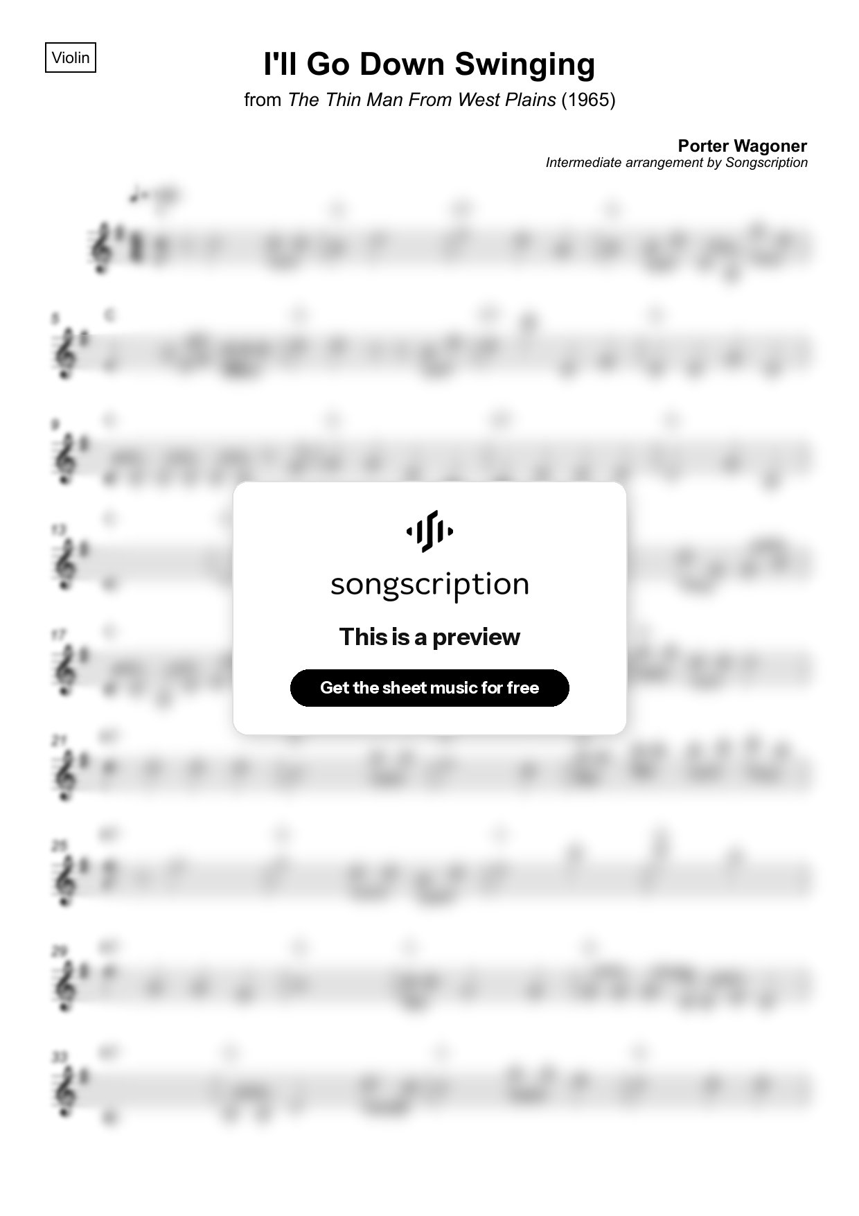 Intermediate Violin Sheet Music for "I'll Go Down Swinging" by Porter Wagoner