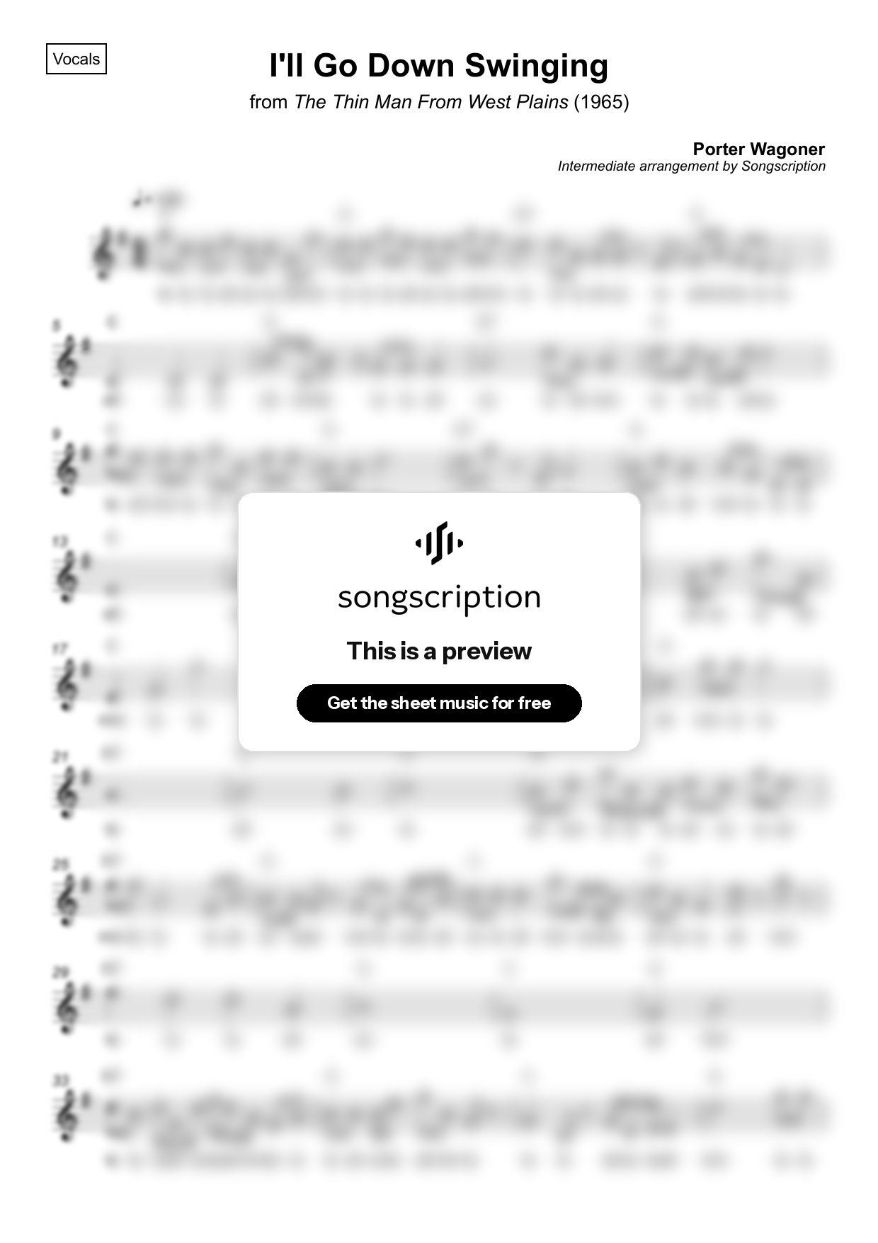 Intermediate Vocals Sheet Music for "I'll Go Down Swinging" by Porter Wagoner