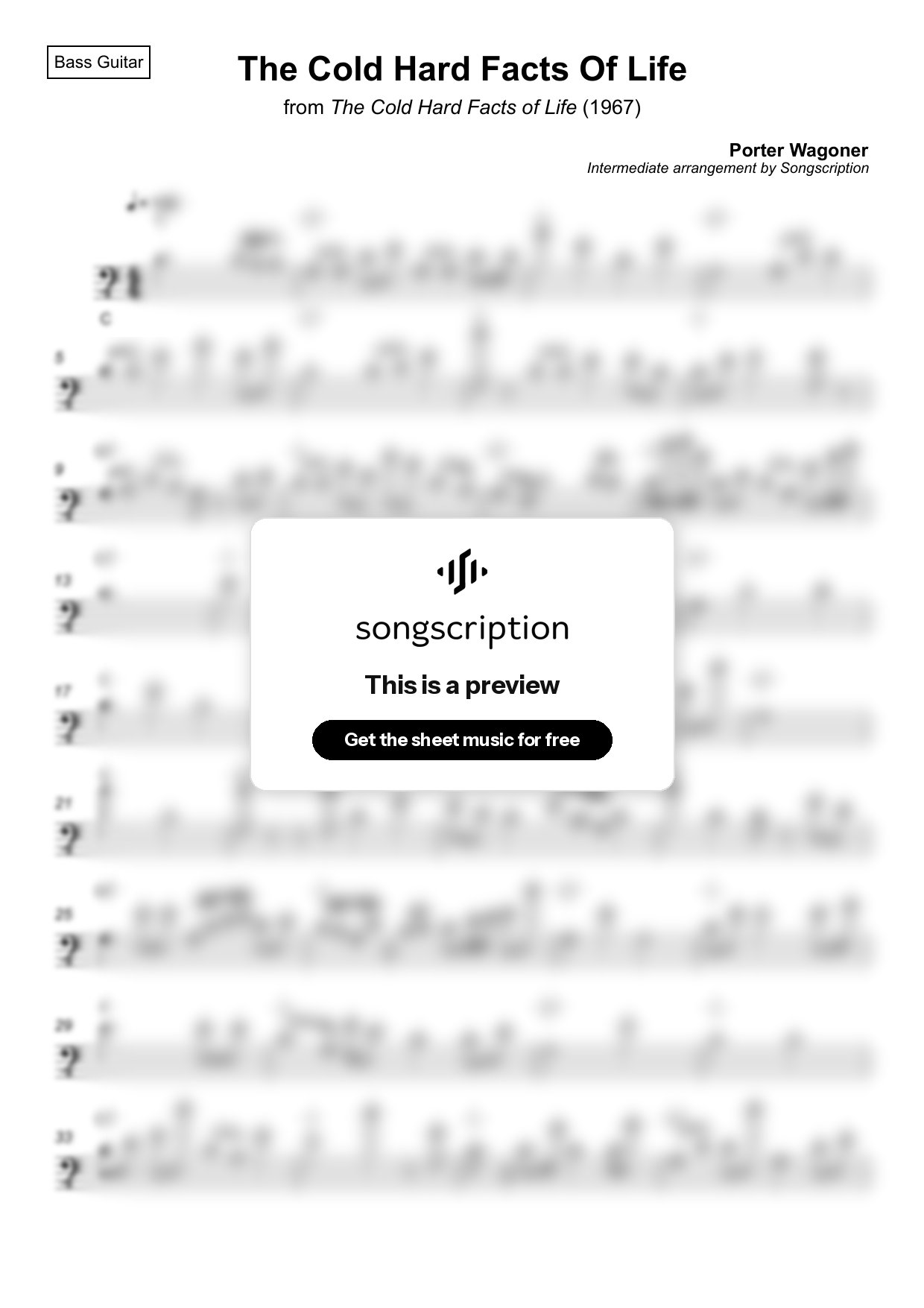 Intermediate Bass Guitar Sheet Music for "The Cold Hard Facts Of Life" by Porter Wagoner