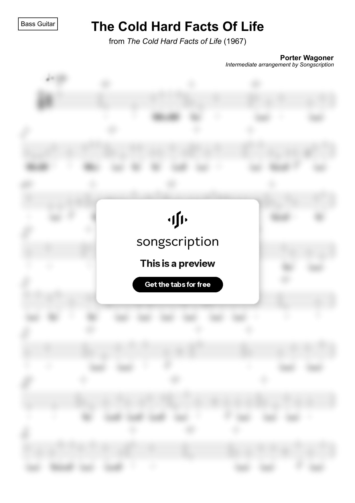 Intermediate Bass Guitar Tabs for "The Cold Hard Facts Of Life" by Porter Wagoner