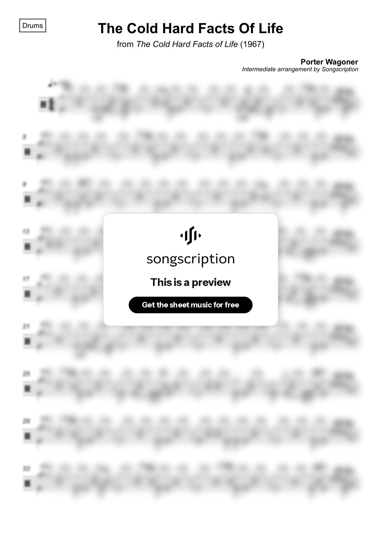 Intermediate Drums Sheet Music for "The Cold Hard Facts Of Life" by Porter Wagoner