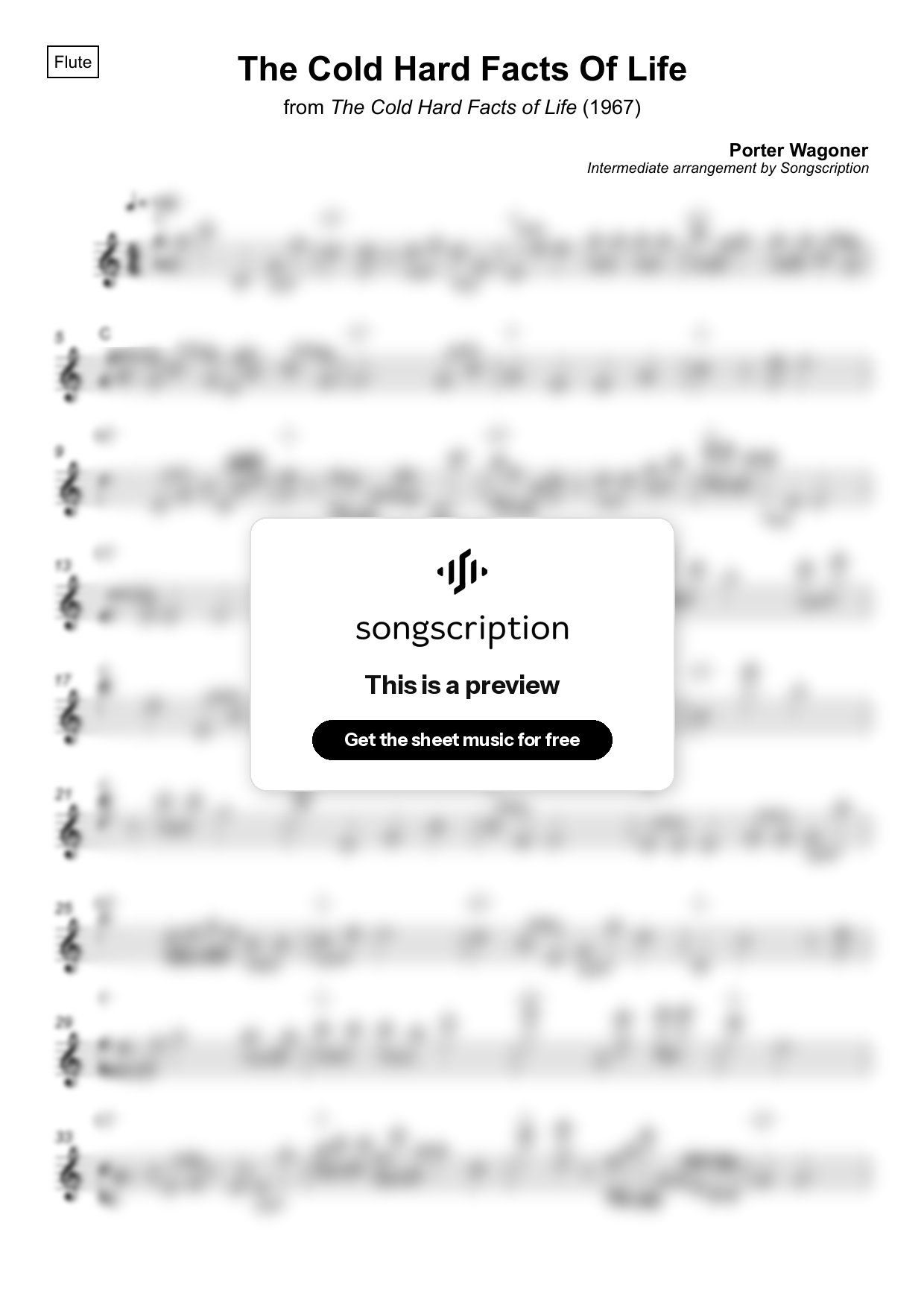 Intermediate Flute Sheet Music for "The Cold Hard Facts Of Life" by Porter Wagoner