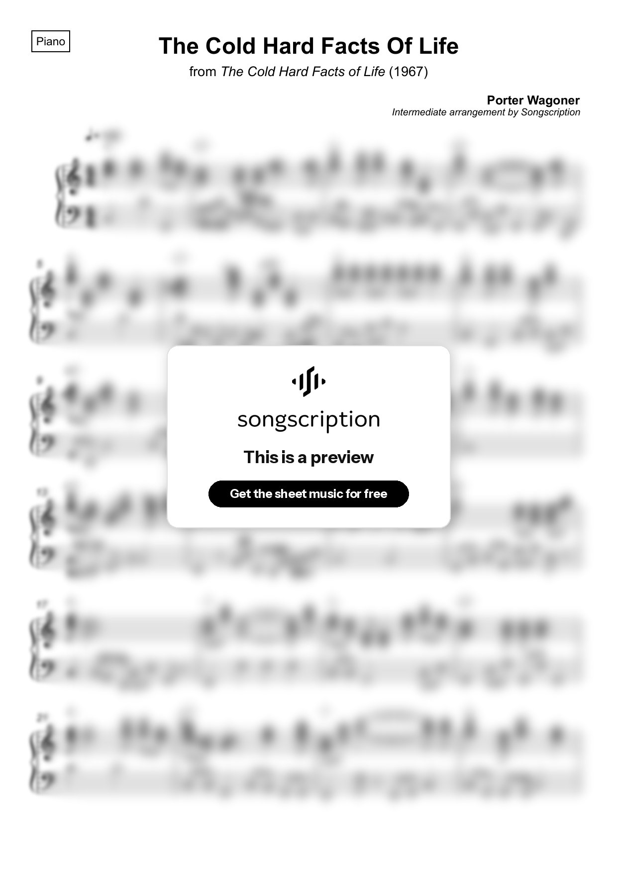Intermediate Piano Sheet Music for "The Cold Hard Facts Of Life" by Porter Wagoner