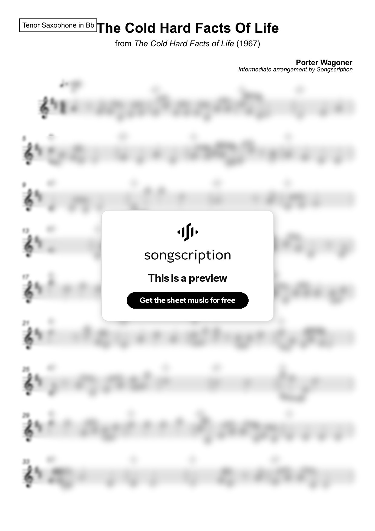 Intermediate Tenor Sax Sheet Music for "The Cold Hard Facts Of Life" by Porter Wagoner