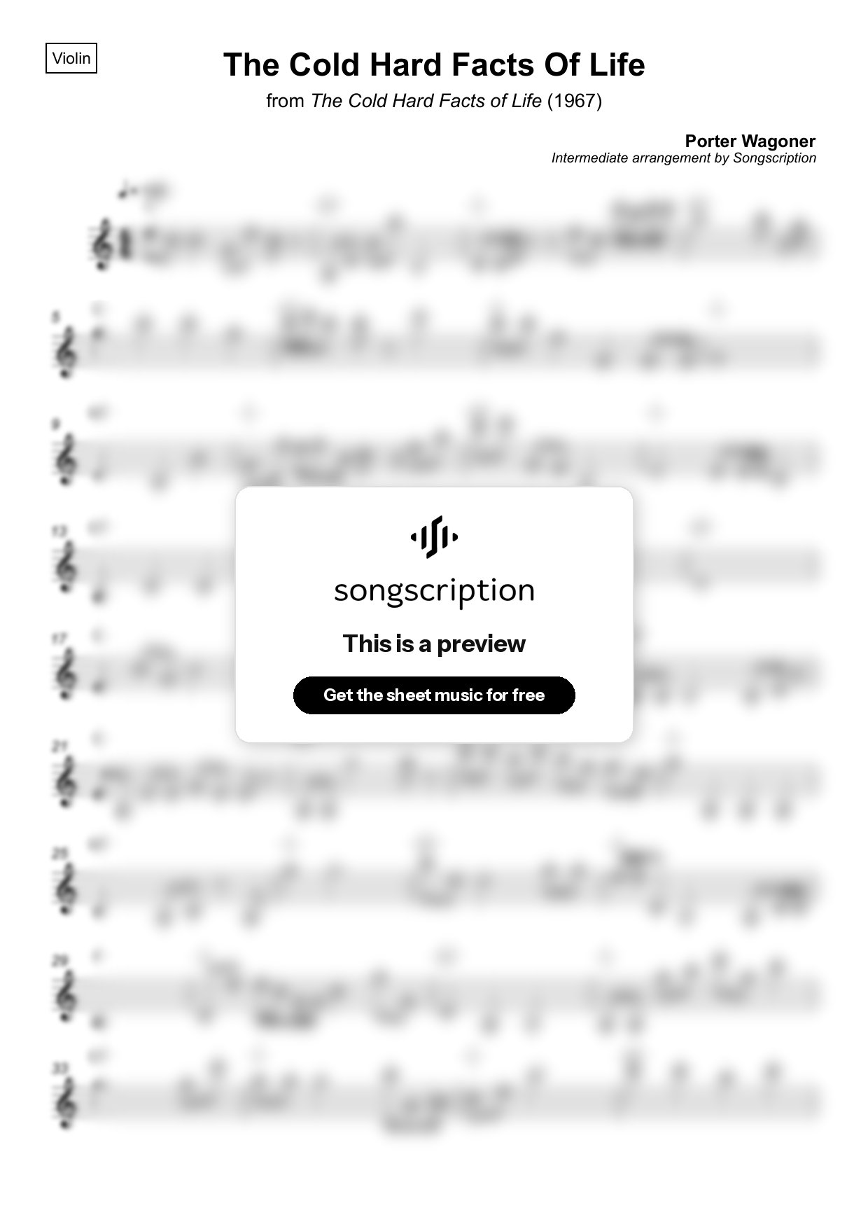 Intermediate Violin Sheet Music for "The Cold Hard Facts Of Life" by Porter Wagoner
