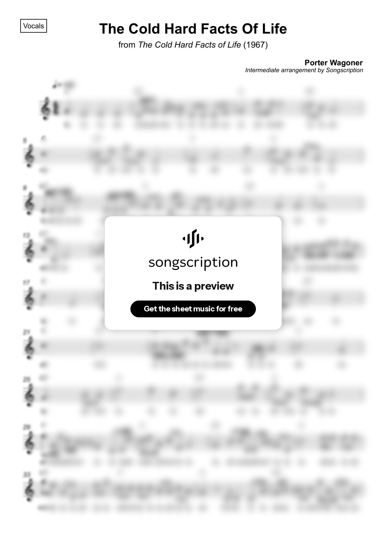 Intermediate Vocals Sheet Music for "The Cold Hard Facts Of Life" by Porter Wagoner