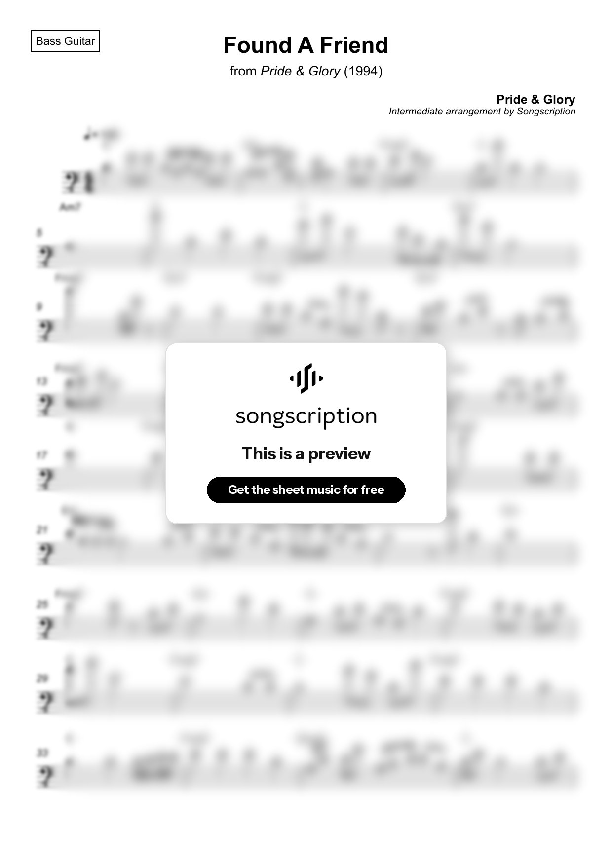 Intermediate Bass Guitar Sheet Music for "Found A Friend" by Pride & Glory