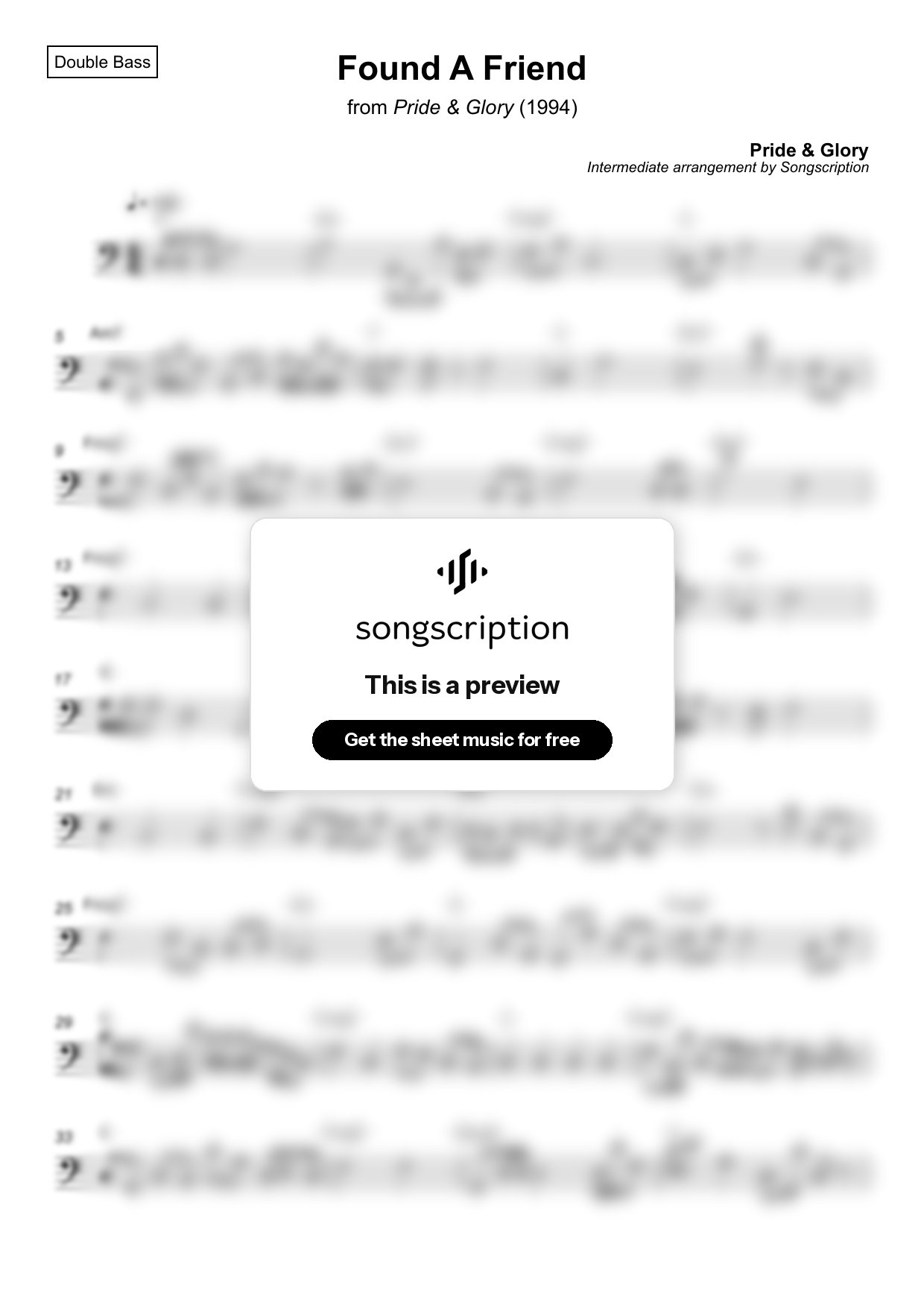 Intermediate Double Bass Sheet Music for "Found A Friend" by Pride & Glory