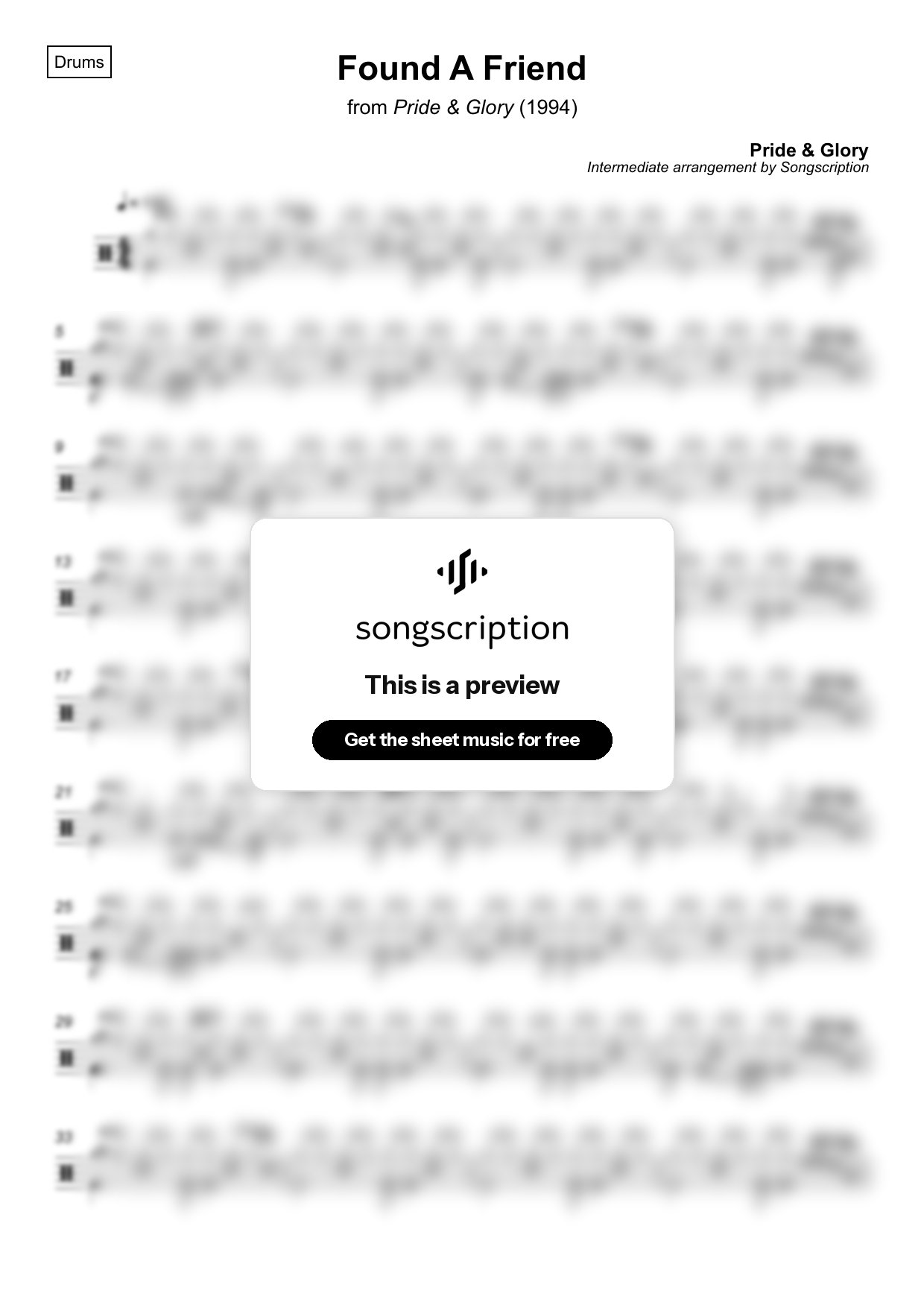 Intermediate Drums Sheet Music for "Found A Friend" by Pride & Glory