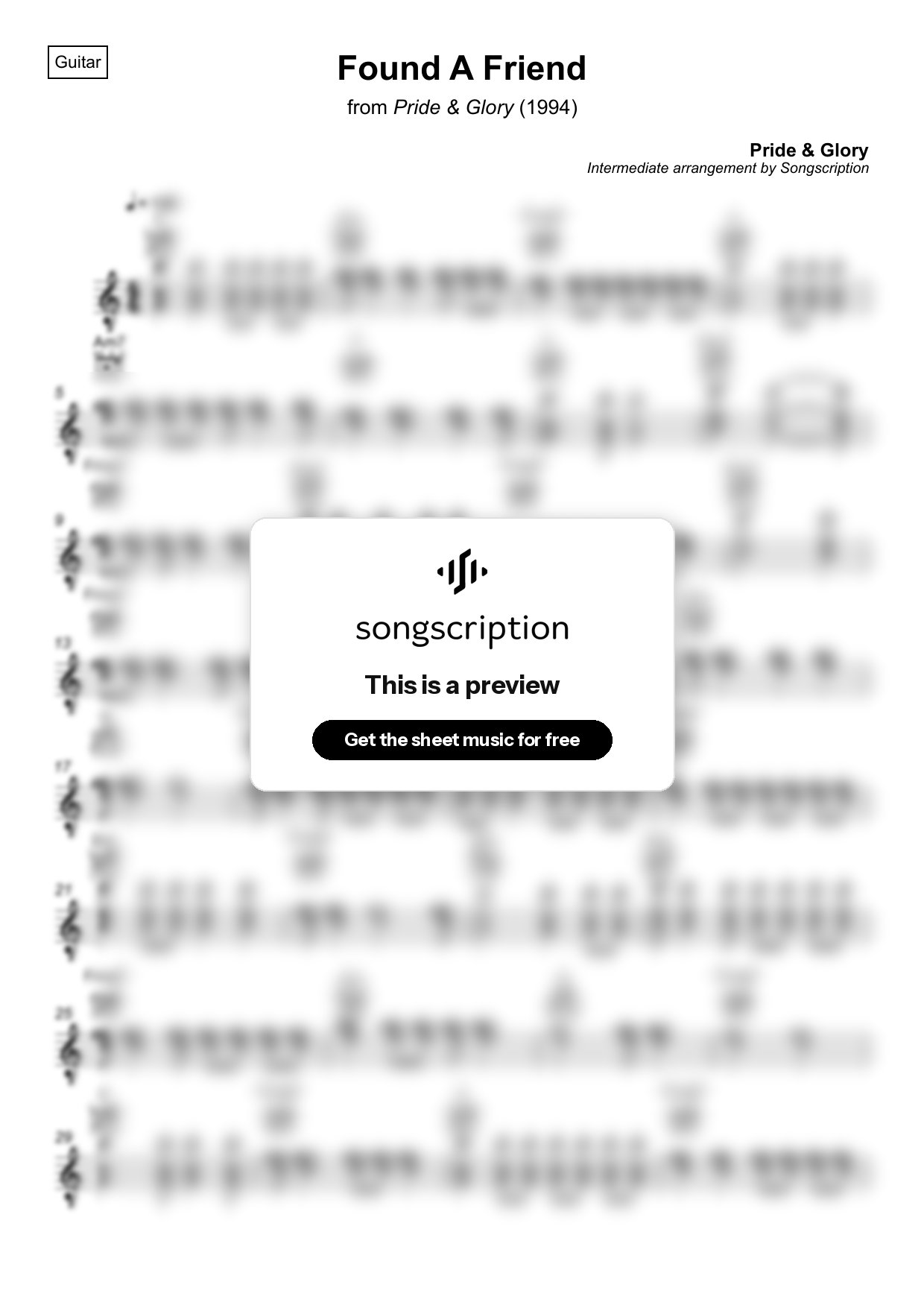 Intermediate Acoustic Guitar Sheet Music for "Found A Friend" by Pride & Glory
