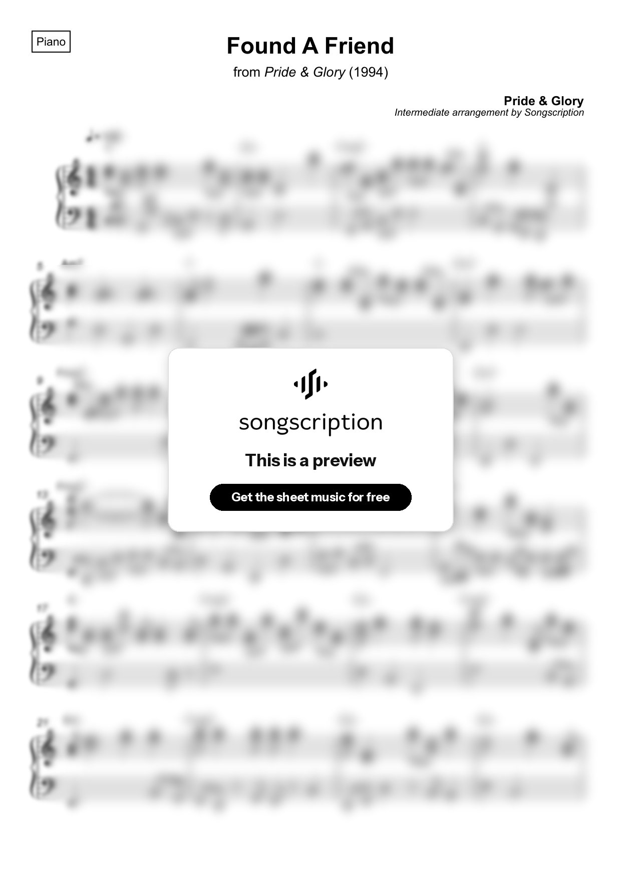 Intermediate Piano Sheet Music for "Found A Friend" by Pride & Glory