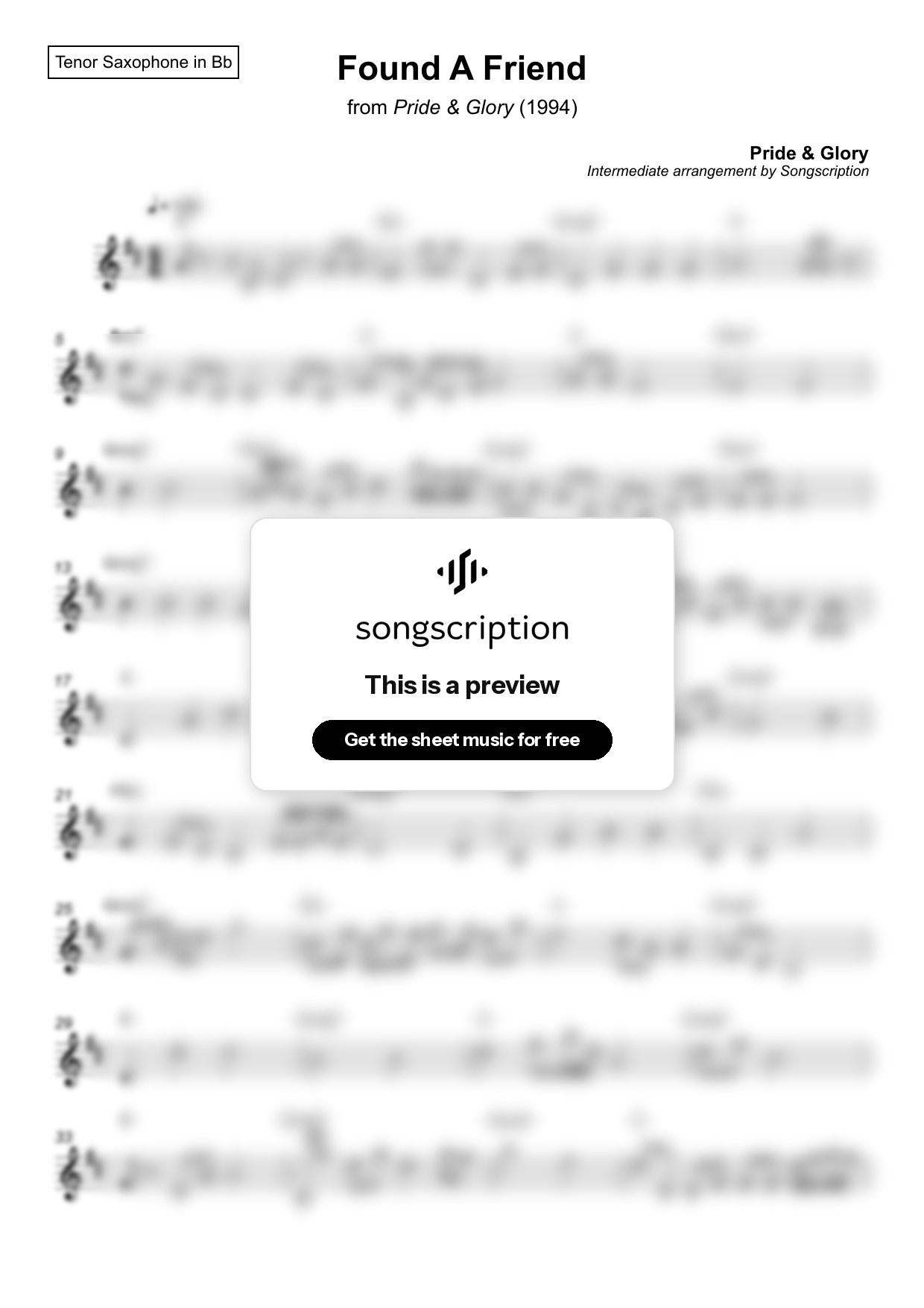Intermediate Tenor Sax Sheet Music for "Found A Friend" by Pride & Glory