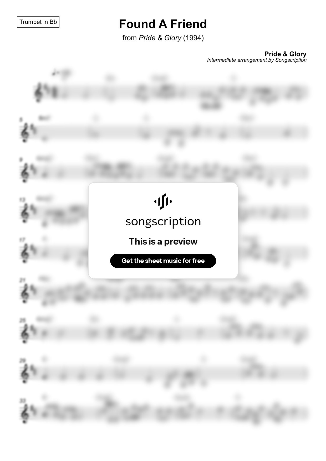 Intermediate Trumpet Sheet Music for "Found A Friend" by Pride & Glory