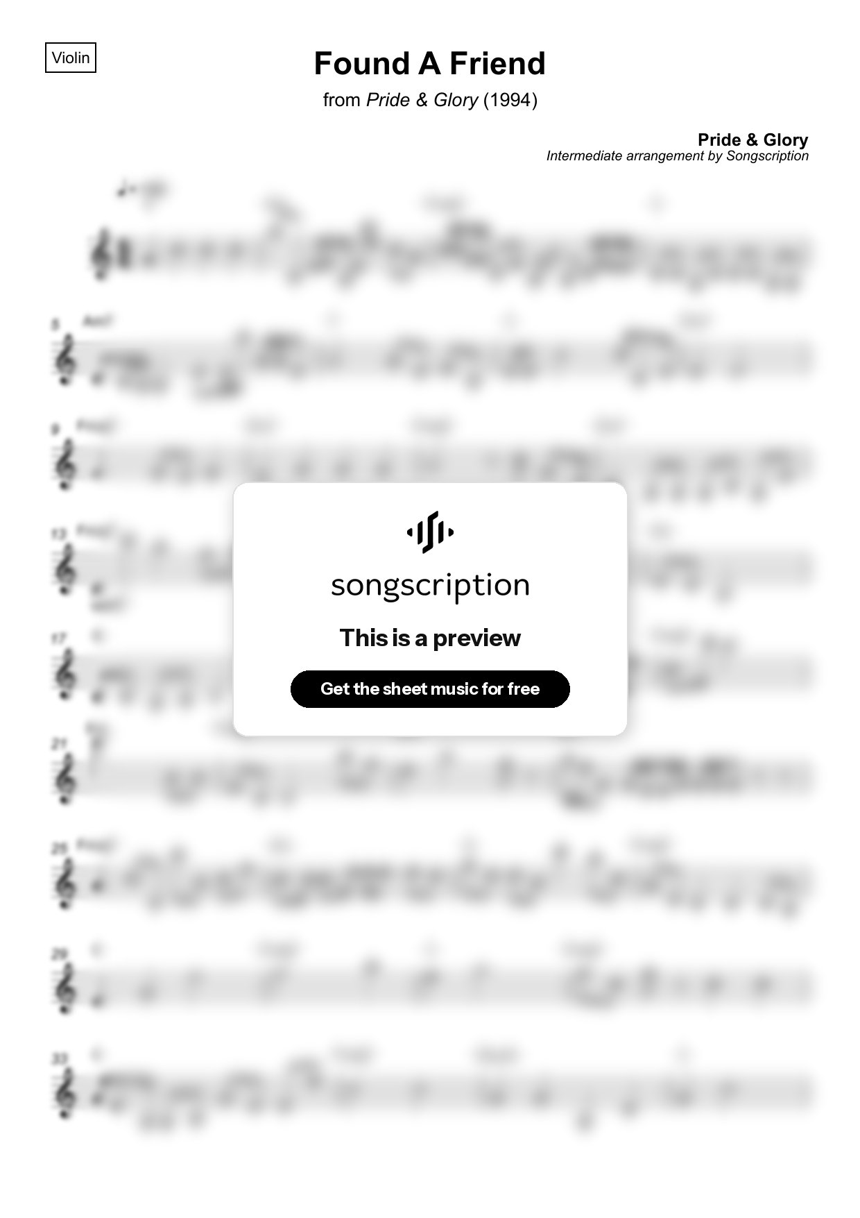 Intermediate Violin Sheet Music for "Found A Friend" by Pride & Glory