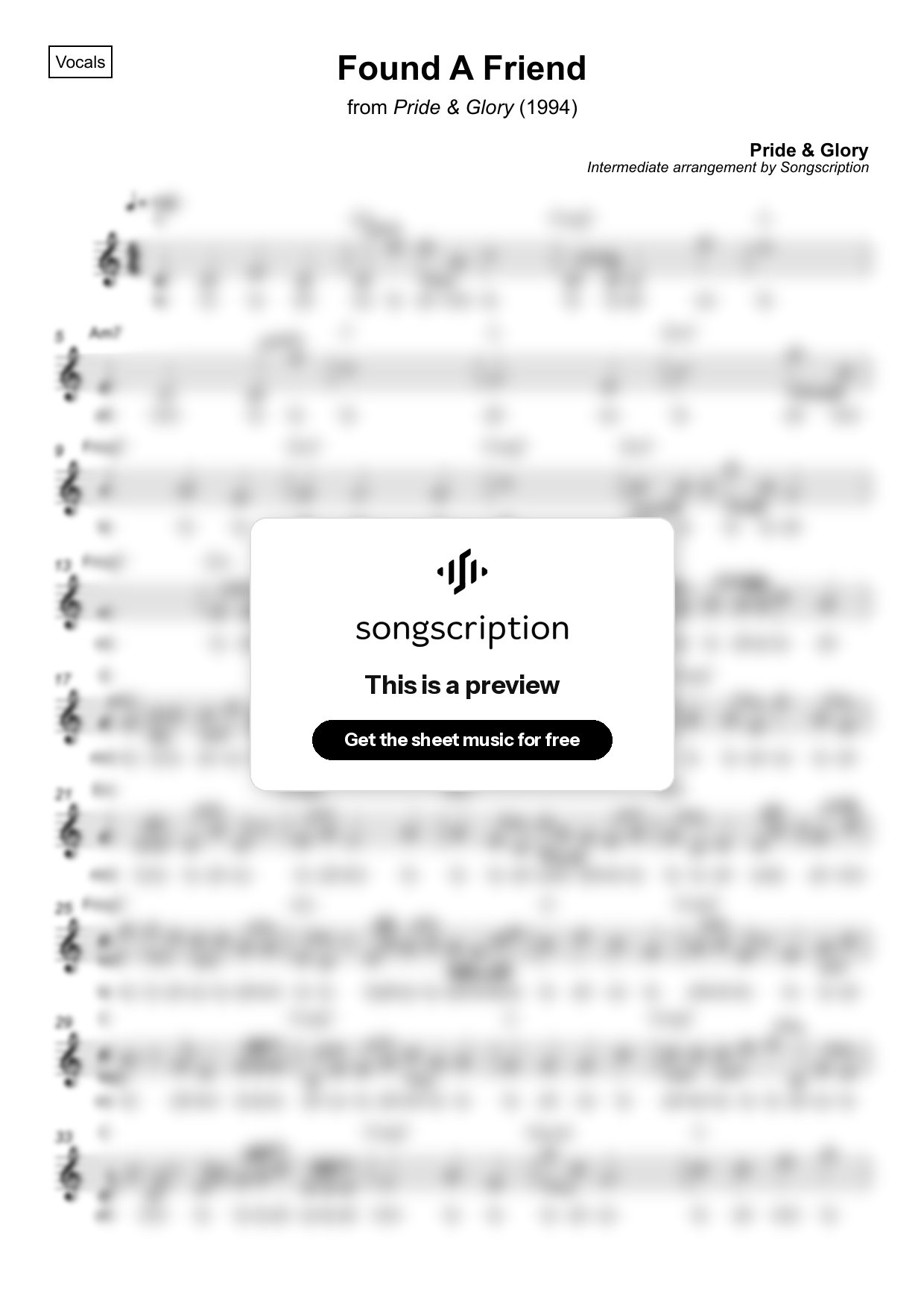 Intermediate Vocals Sheet Music for "Found A Friend" by Pride & Glory