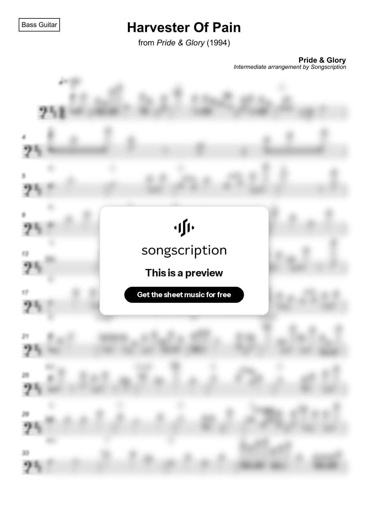 Intermediate Bass Guitar Sheet Music for "Harvester Of Pain" by Pride & Glory