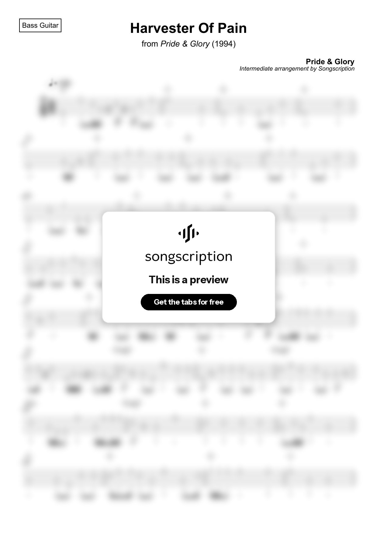 Intermediate Bass Guitar Tabs for "Harvester Of Pain" by Pride & Glory