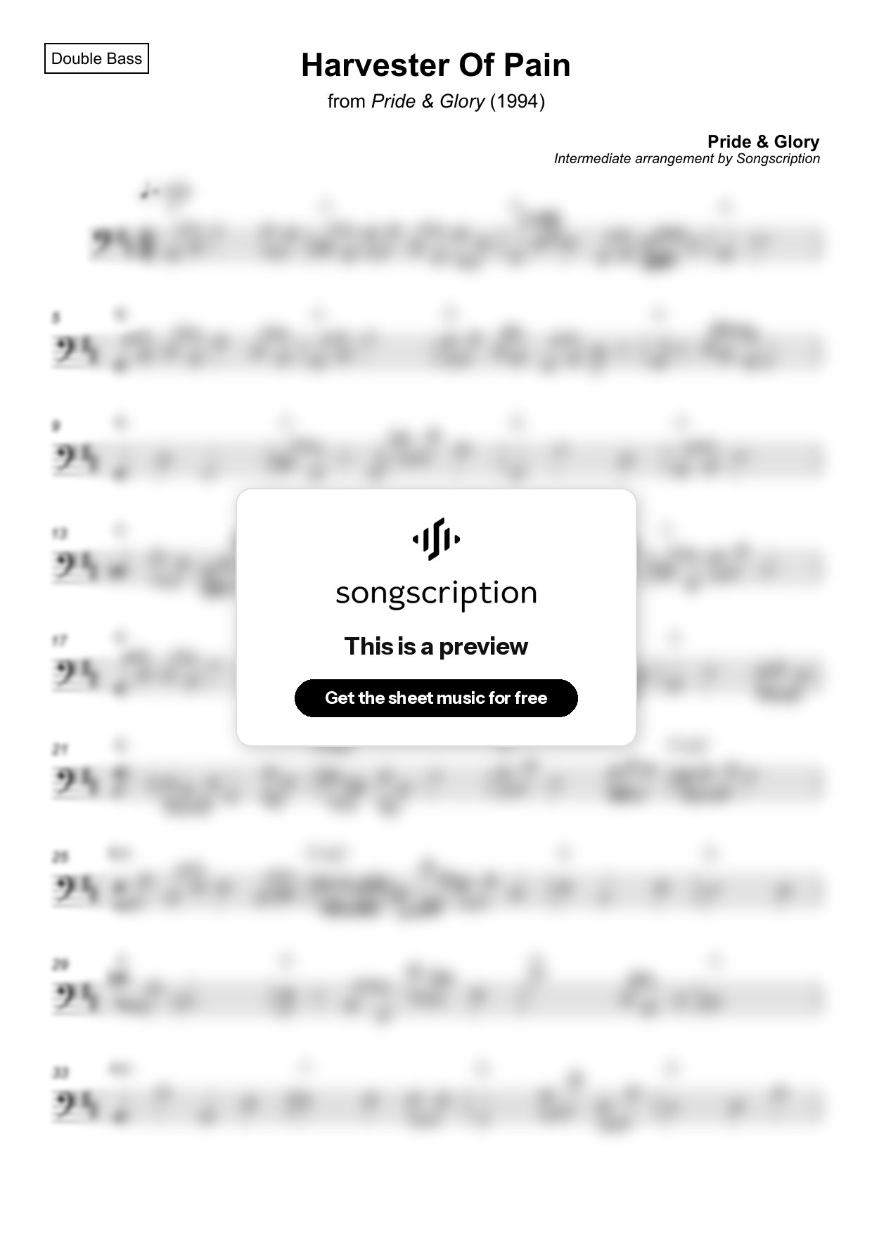 Intermediate Double Bass Sheet Music for "Harvester Of Pain" by Pride & Glory