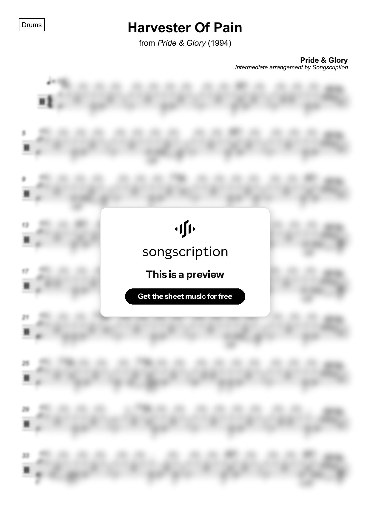 Intermediate Drums Sheet Music for "Harvester Of Pain" by Pride & Glory