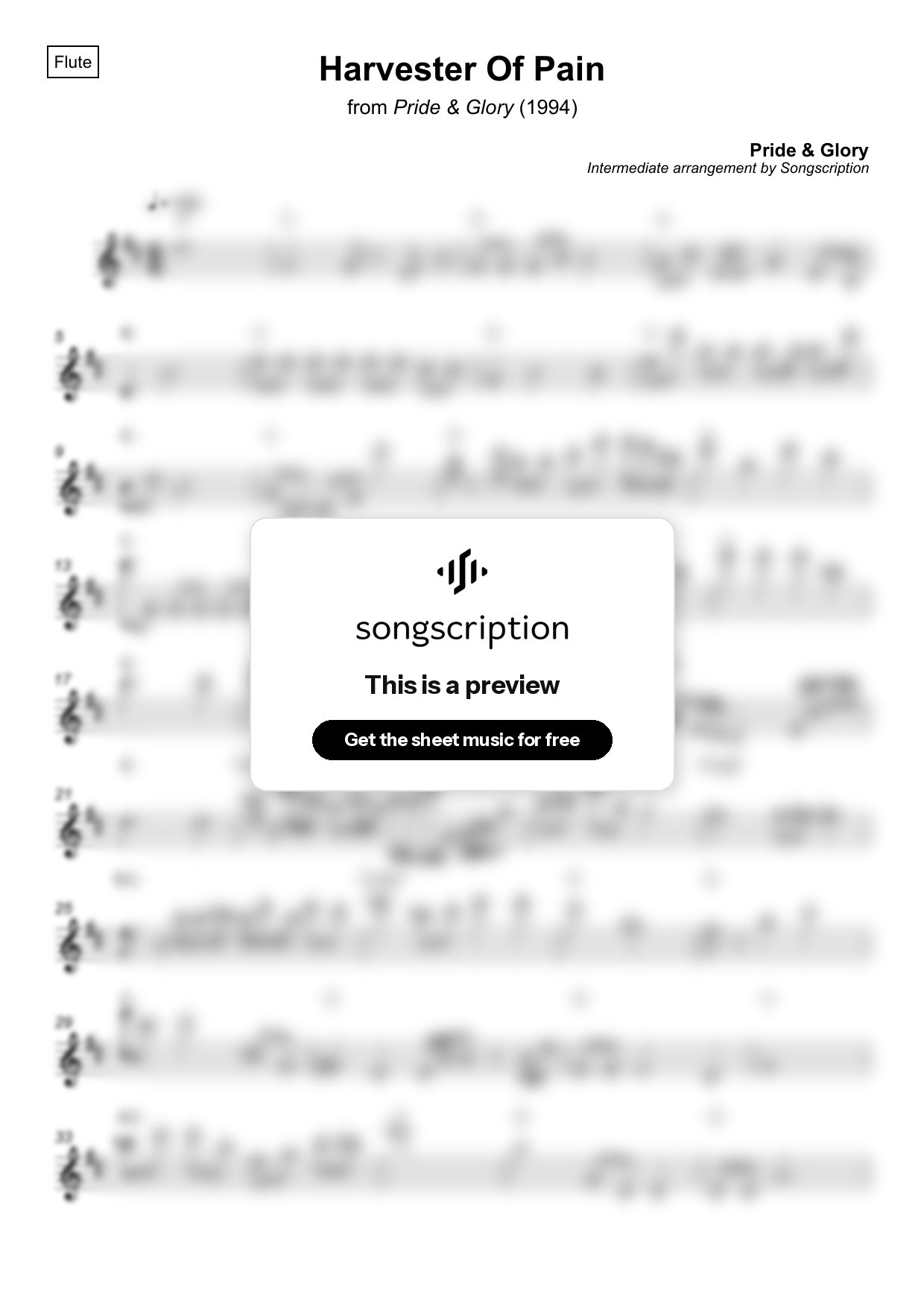 Intermediate Flute Sheet Music for "Harvester Of Pain" by Pride & Glory