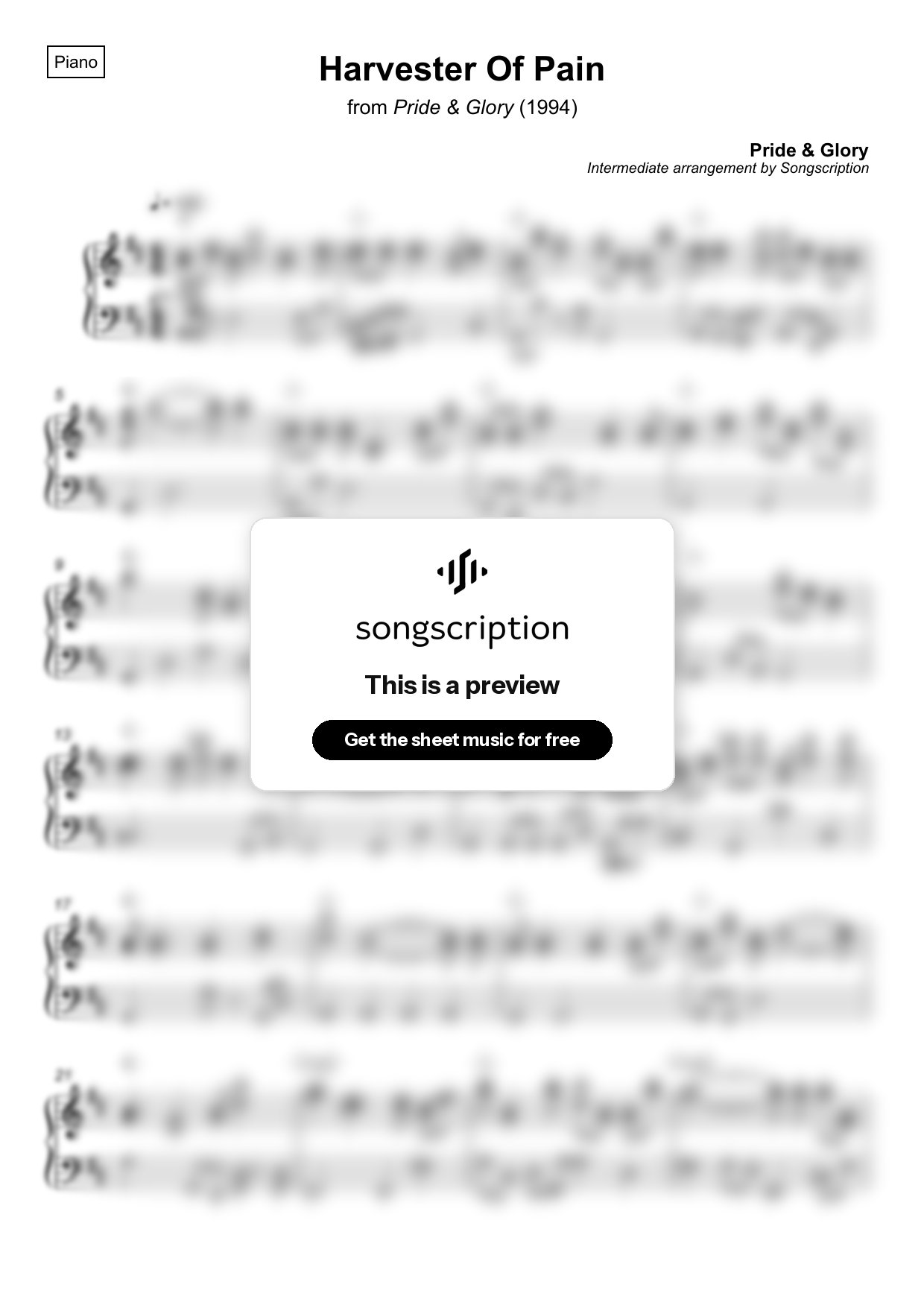 Intermediate Piano Sheet Music for "Harvester Of Pain" by Pride & Glory