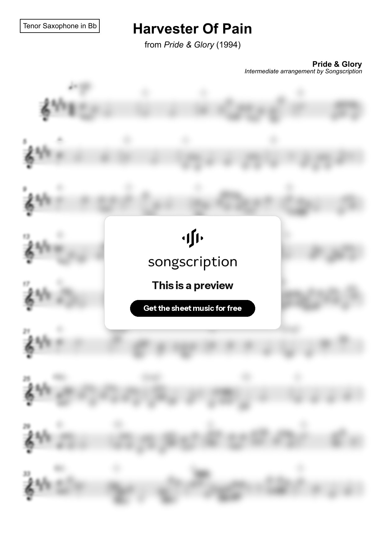 Intermediate Tenor Sax Sheet Music for "Harvester Of Pain" by Pride & Glory