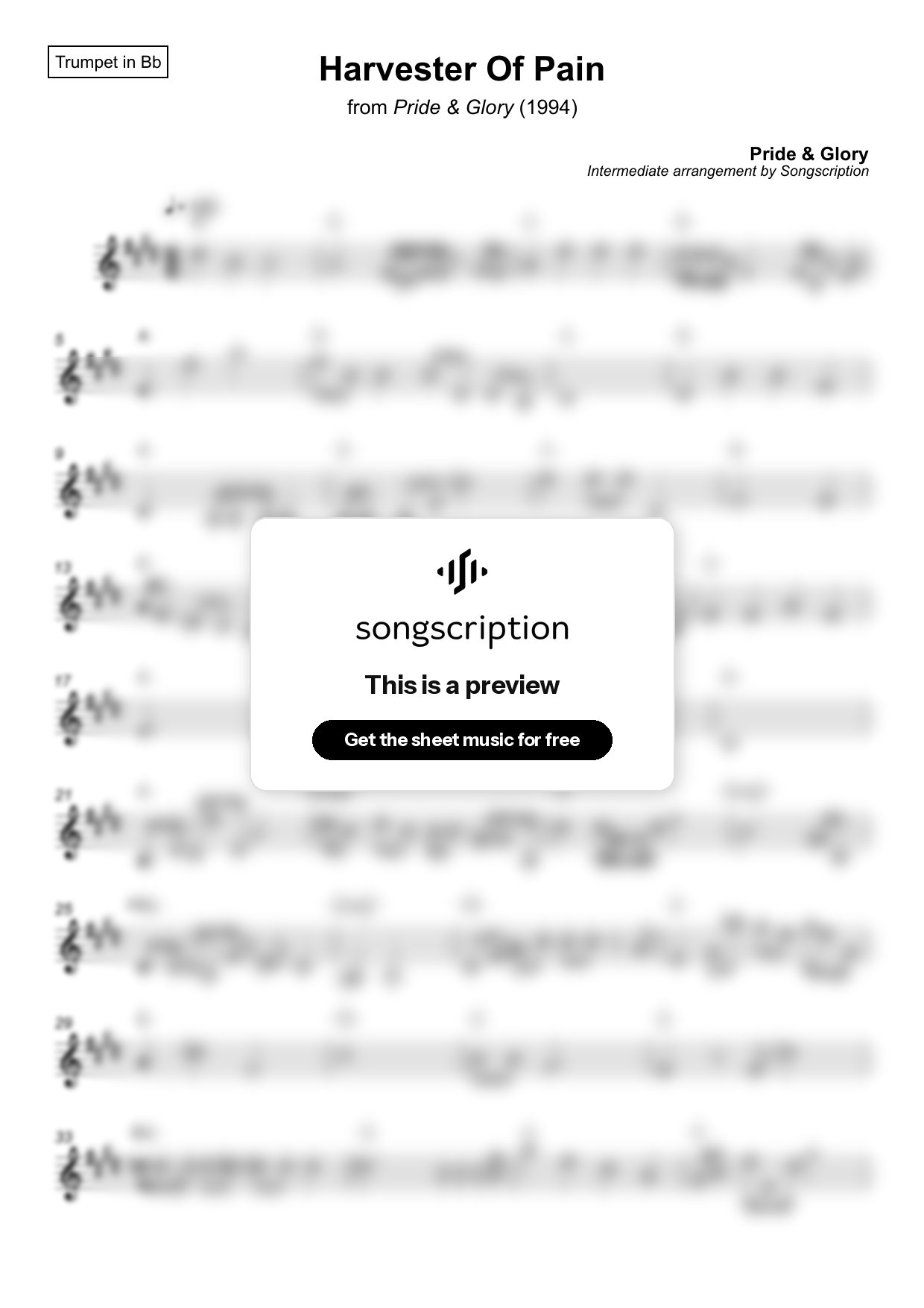 Intermediate Trumpet Sheet Music for "Harvester Of Pain" by Pride & Glory