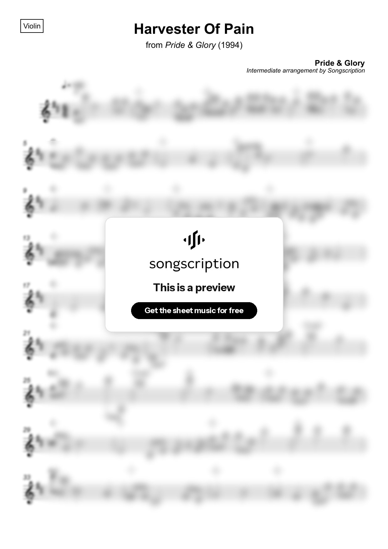 Intermediate Violin Sheet Music for "Harvester Of Pain" by Pride & Glory