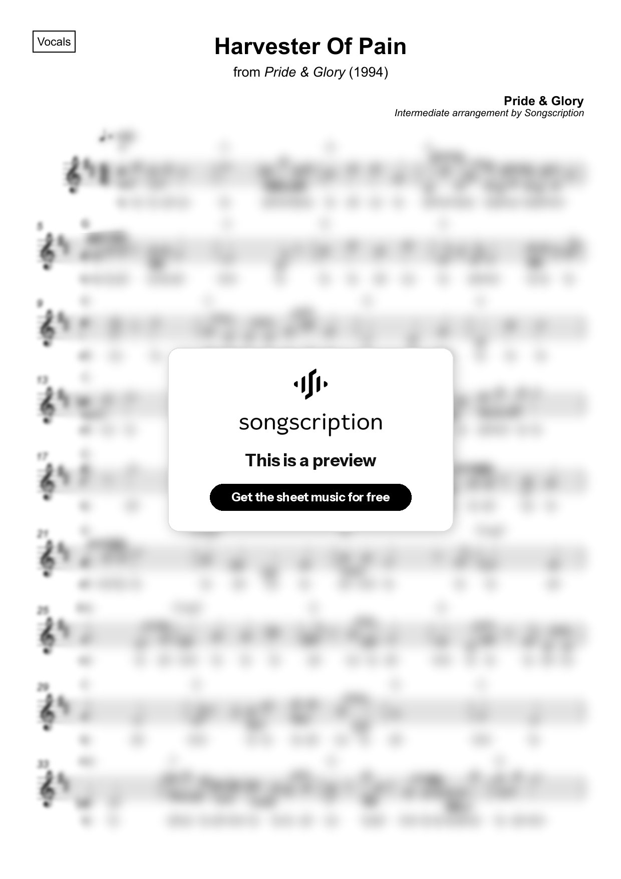 Intermediate Vocals Sheet Music for "Harvester Of Pain" by Pride & Glory