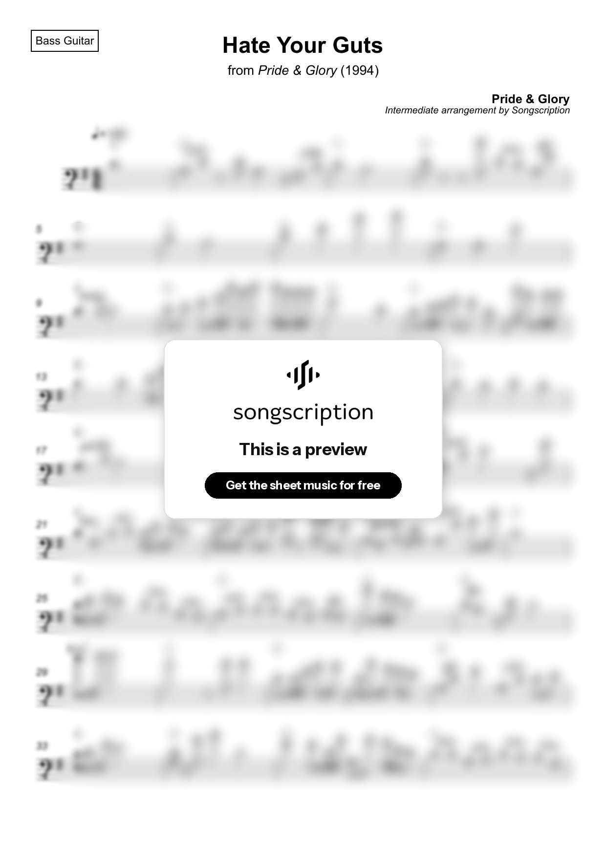 Intermediate Bass Guitar Sheet Music for "Hate Your Guts" by Pride & Glory