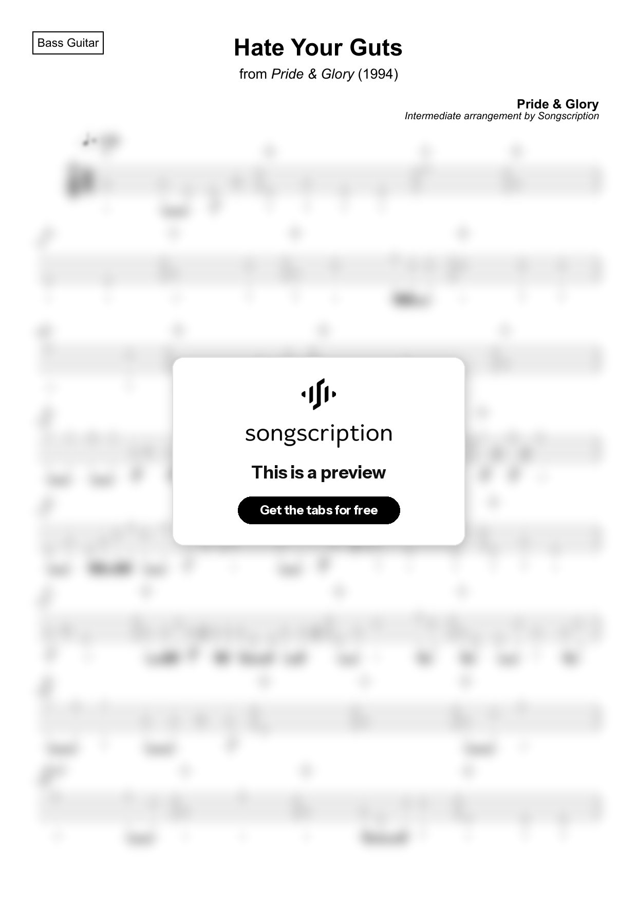 Intermediate Bass Guitar Tabs for "Hate Your Guts" by Pride & Glory